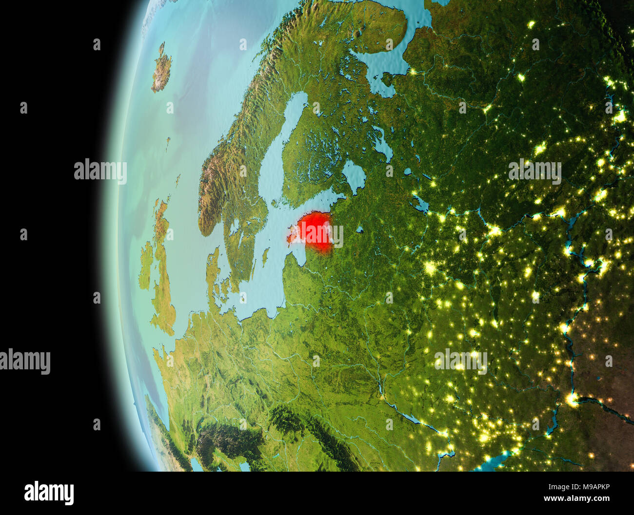 Illustration of Estonia as seen from Earth’s orbit in late evening. 3D ...