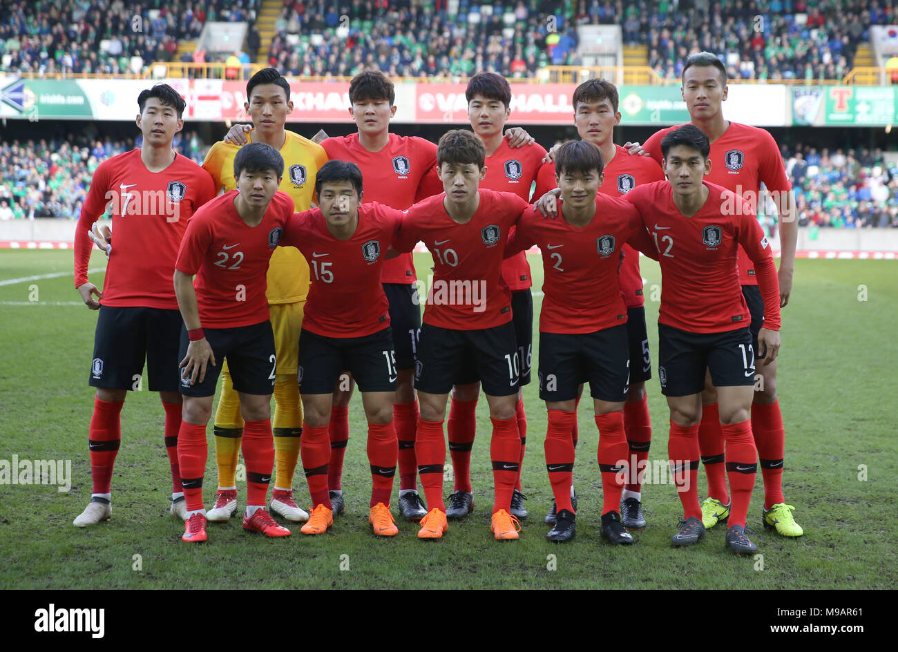 South Korea team group (top row, from left to right) Heung-Min Son, goalkeeper Seung-Gyu Kim, Min-Jae Kim, Sung-Yeung Ki, Hyun-Soo Jang, Shin-Wook Kim (bottom row, from left to right) Chang-Hoon Kwon, Joo-Ho Park, Jae-Sung Lee, Jin-Su Kim and Yong Lee during the international friendly match at Windsor Park, Belfast. PRESS ASSOCIATION Photo. Picture date: Saturday March 24, 2018. See PA story SOCCER N Ireland. Photo credit should read: Brian Lawless/PA Wire. RESTRICTIONS: Editorial use only, No commercial use without prior permission. Stock Photo