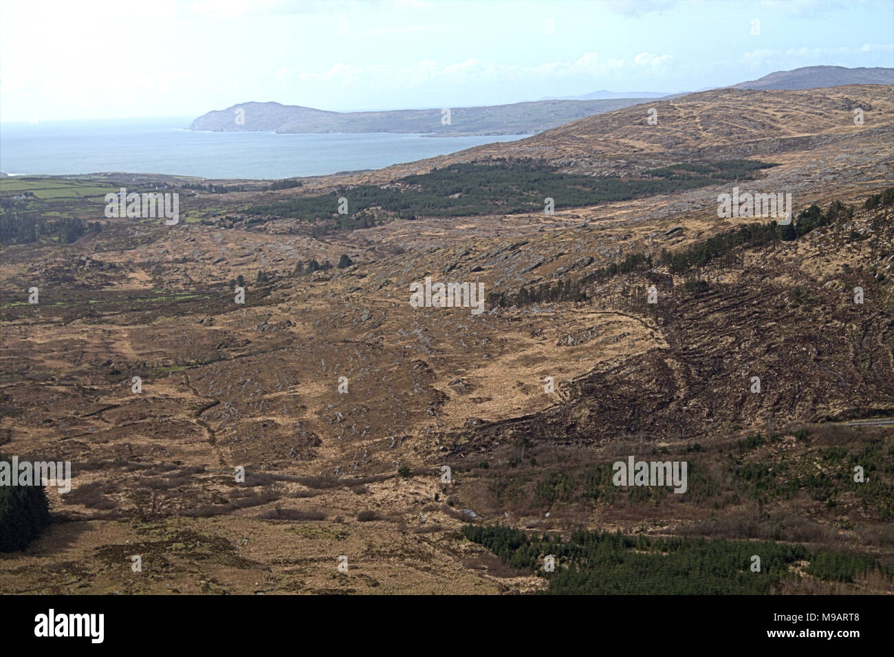 countryside and coastal views from mount gabriel, Ireland. A high point in west cork a popular viewing spot for tourists and holiday makers. Stock Photo