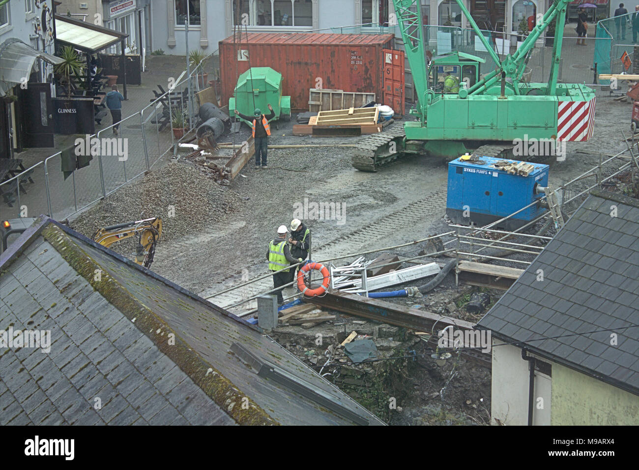 looking down into flood defence construction site for skibbereen, ireland from above. Stock Photo