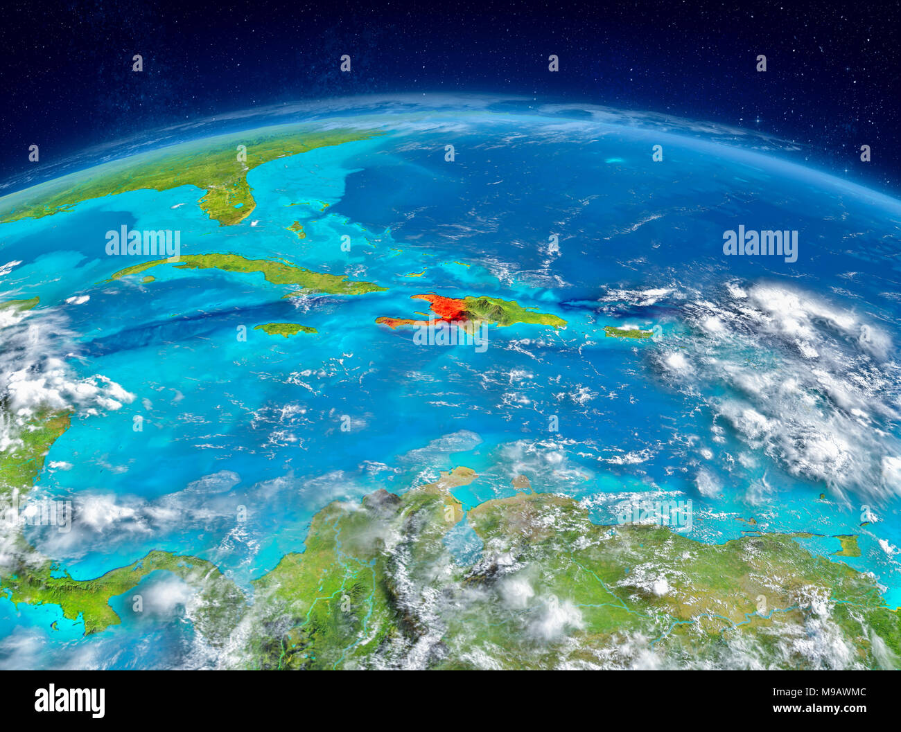 Orbit view of Haiti highlighted in red on planet Earth with highly ...