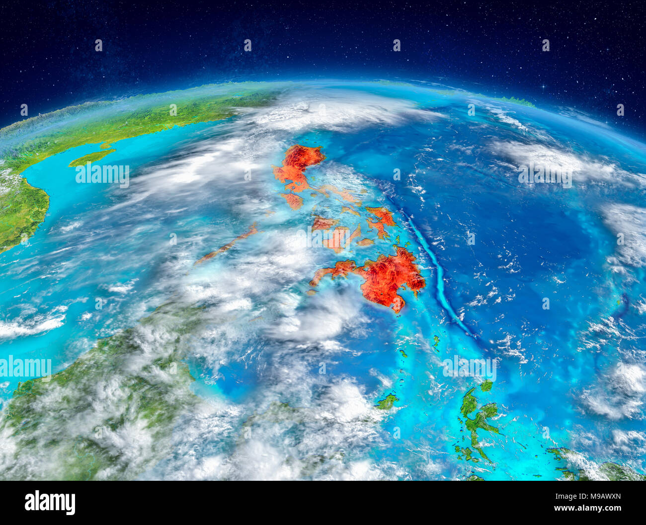 Orbit view of Philippines highlighted in red on planet Earth with ...