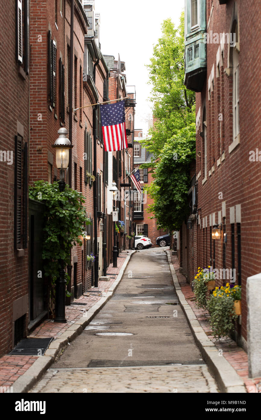 Acorn Street on Beacon Hill in Boston, Massachusetts, one of the most historic neighborhoods in the United States. Stock Photo