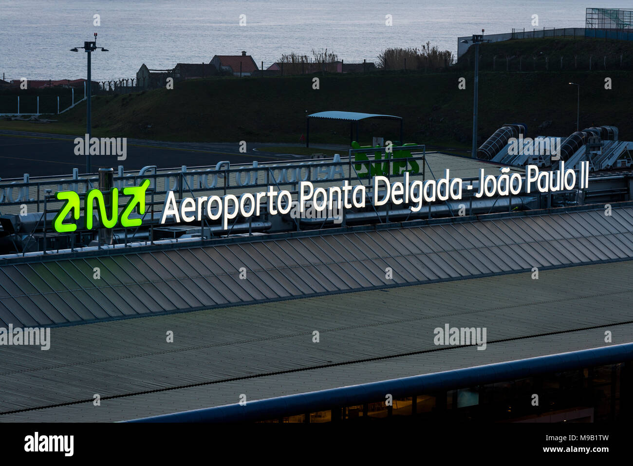 Lit Logo Of Ana Aeroportos De Portugal Sa At Aeroporto Ponta Delgada Also Called Joao Paulo Ii Airport On The Azores Island Of Sao Miguel Stock Photo Alamy