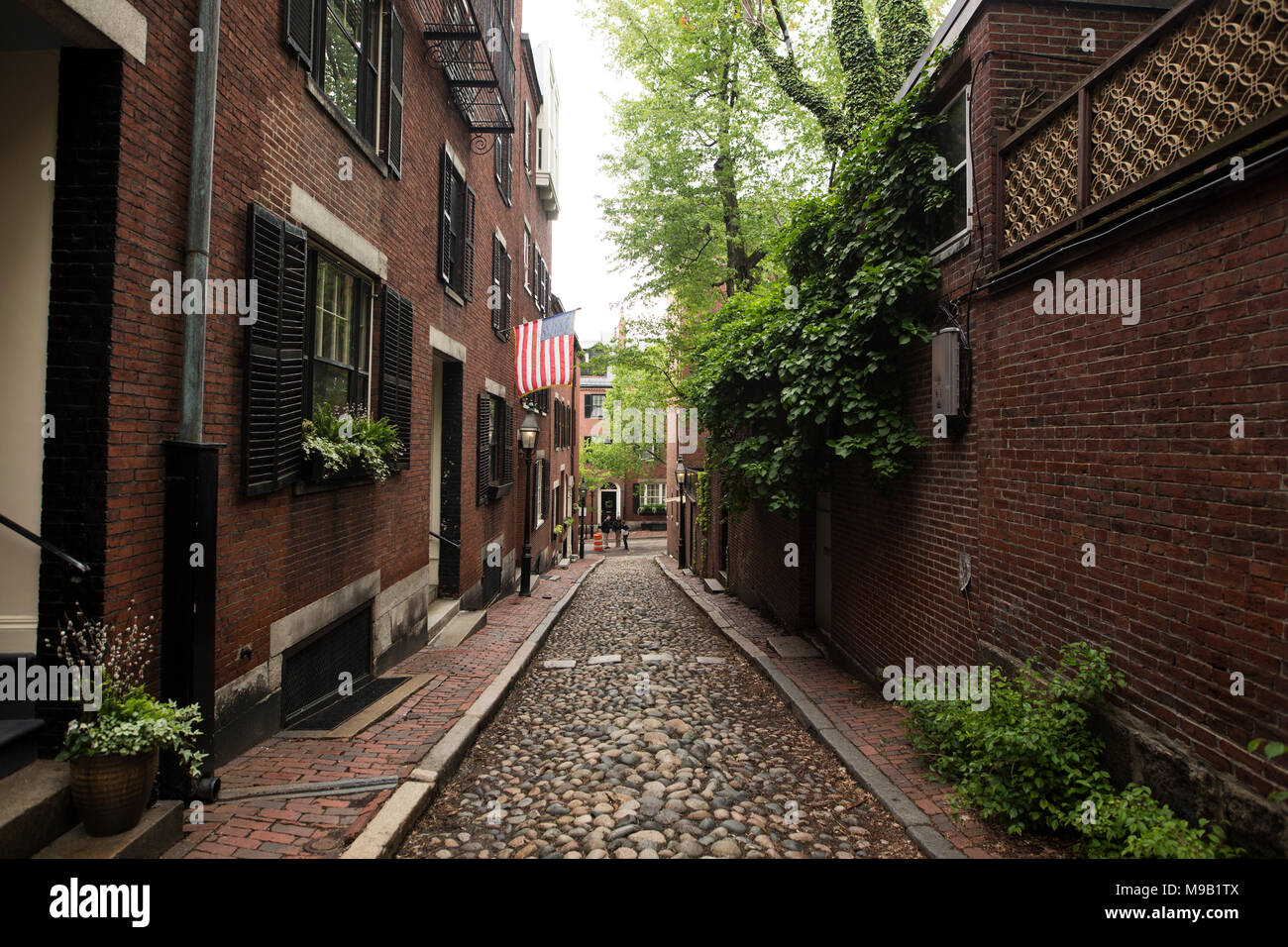 Acorn Street on Beacon Hill in Boston, Massachusetts, one of the most historic neighborhoods in the United States. Stock Photo