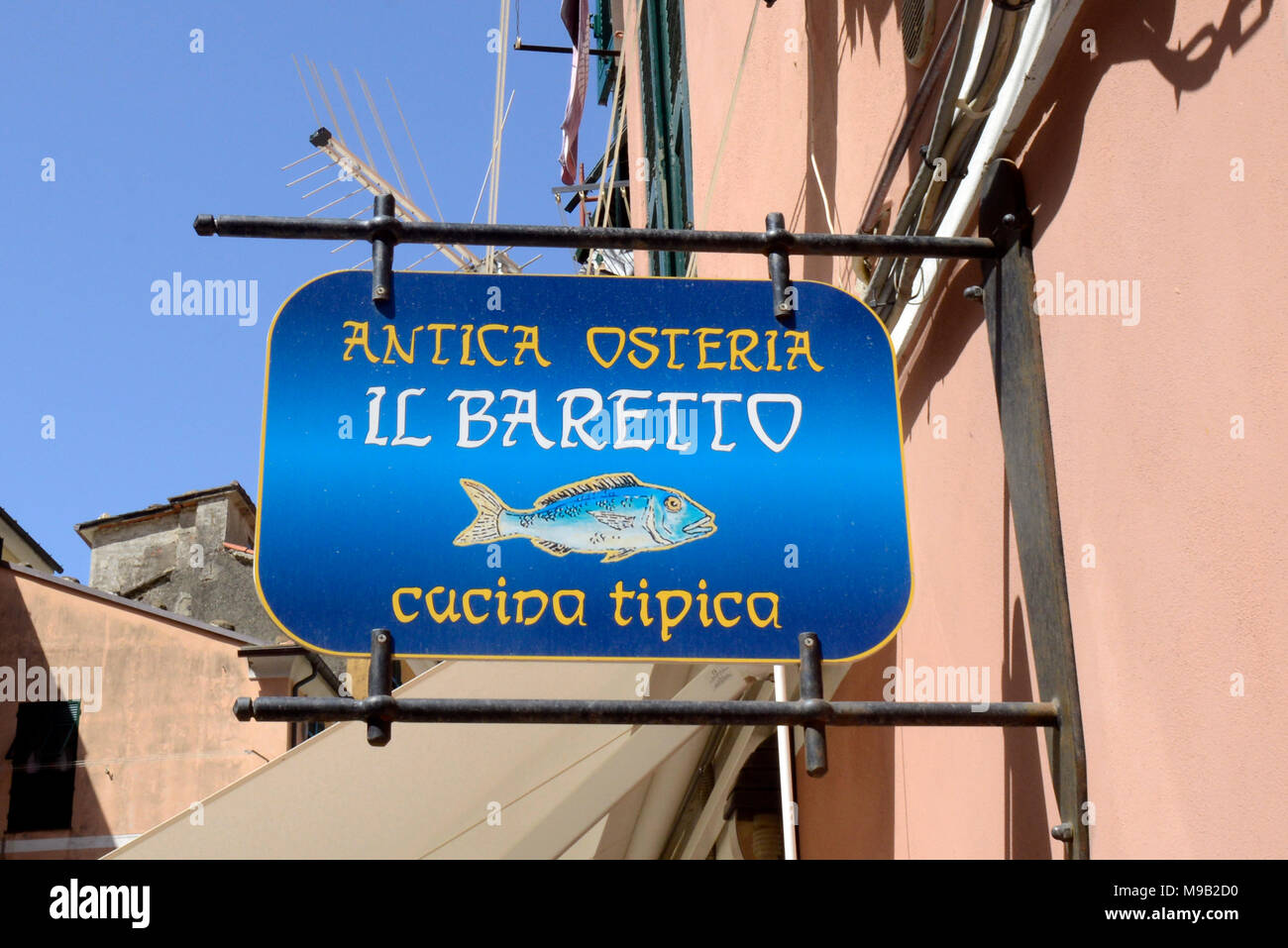 Sign of antica osteria restaurant, Vernazza, Cinque Terre, Cinqueterre, Ligury, Italy Stock Photo