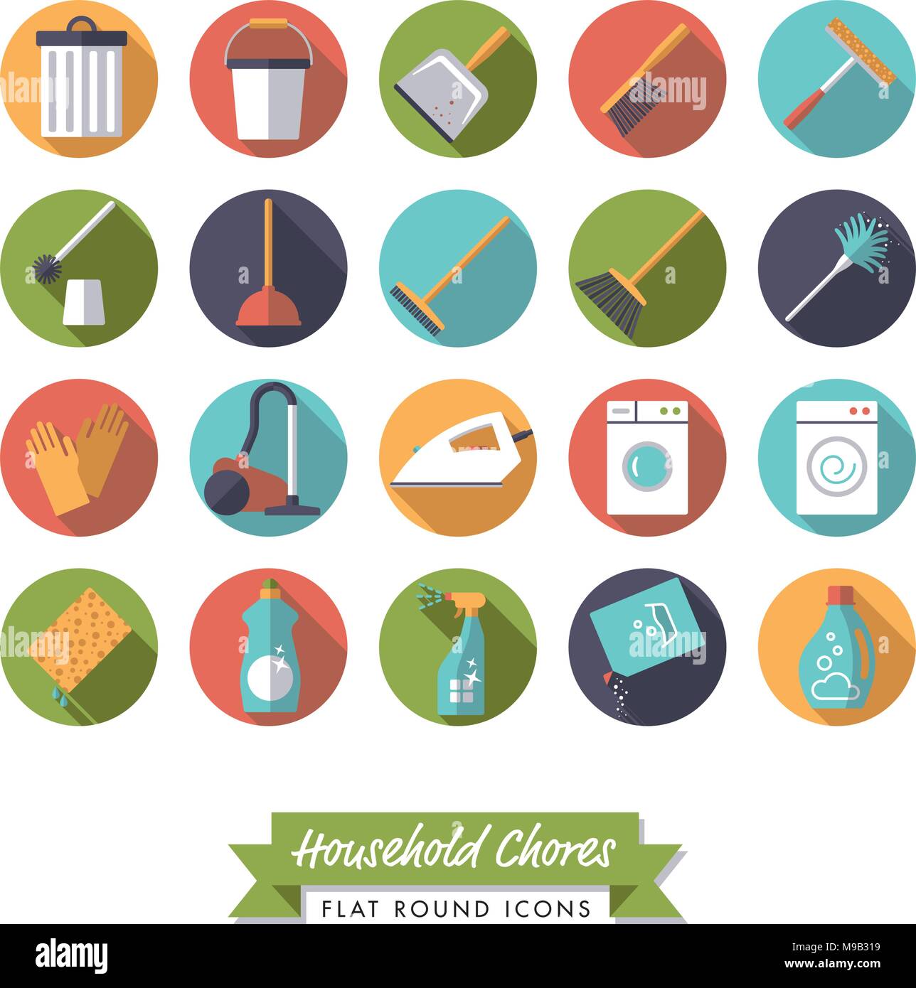 Collection of 20 flat design long shadow household chores icons on white background Stock Vector