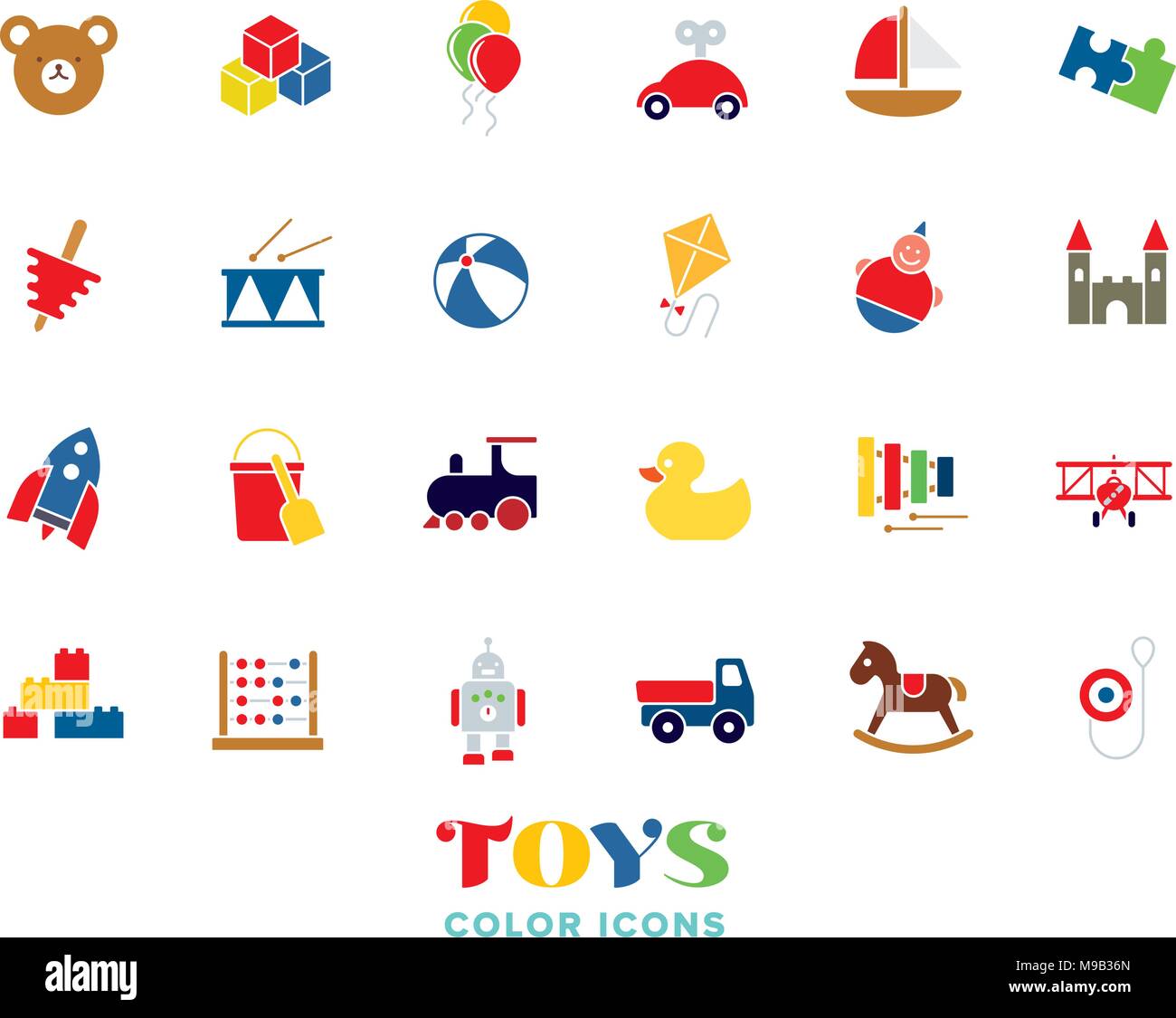 Collection of colored childrens toys vector icons on white background Stock Vector