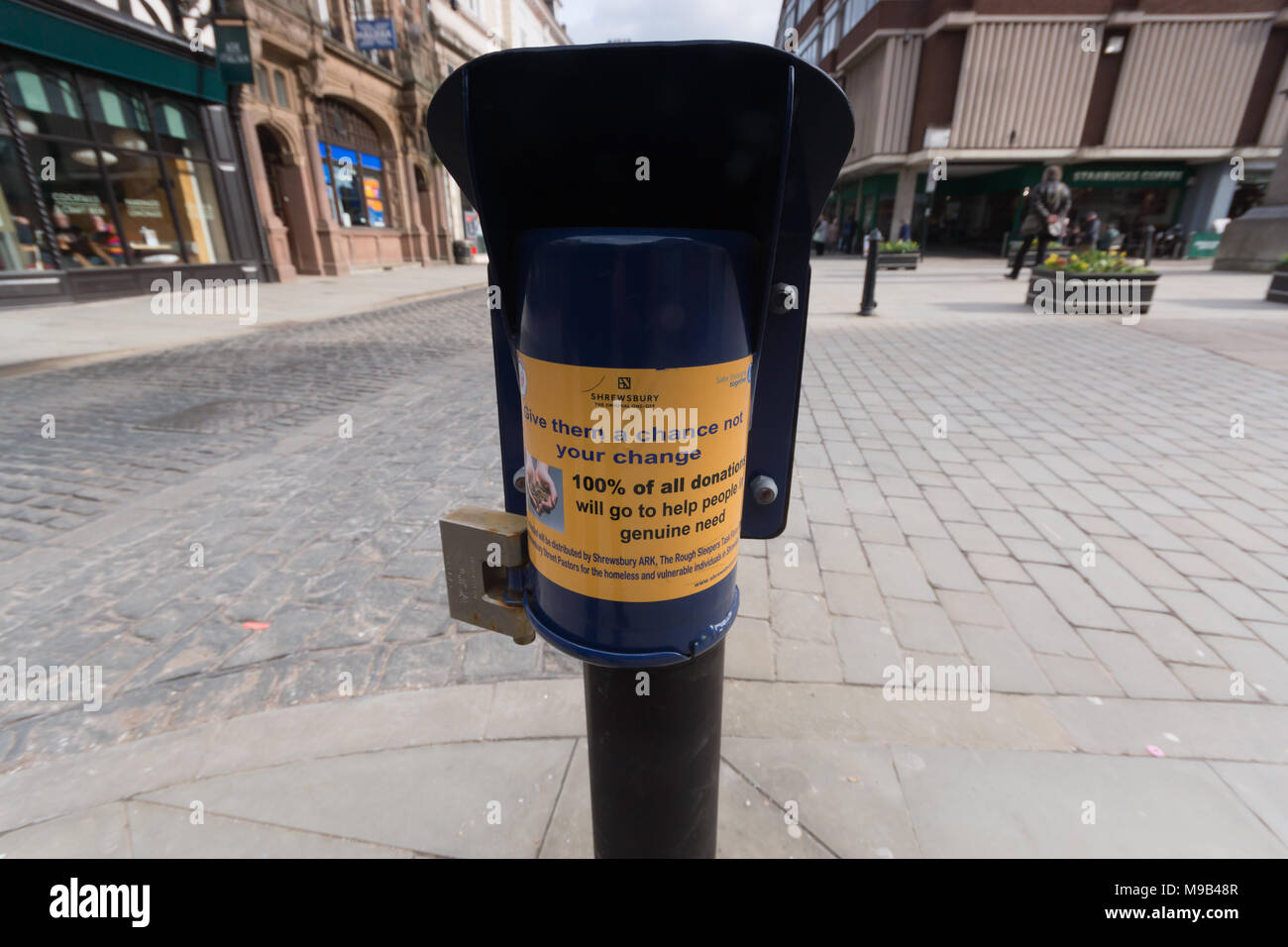 Street donation box for the Shrewsbury ARK operated by the Shrewsbury Christian Association (SCCA) in Shropshire to provide assistance to the homeless Stock Photo