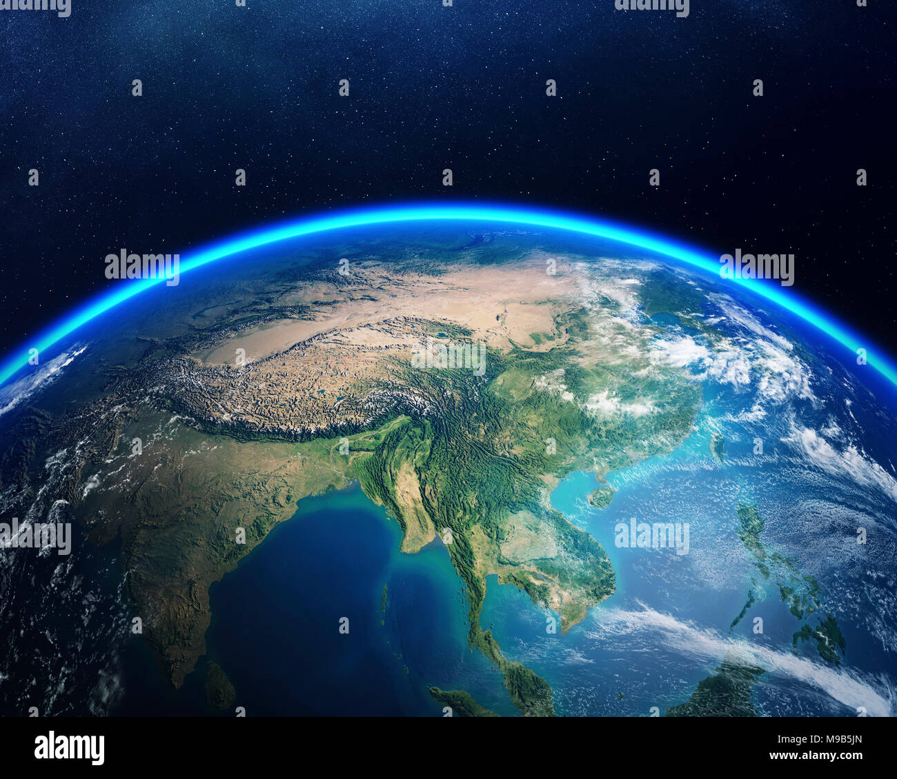 Earth viewed from space with focus on Asia. Detailed 3D render against dark starry night sky (Elements of this render furnished by NASA) Stock Photo