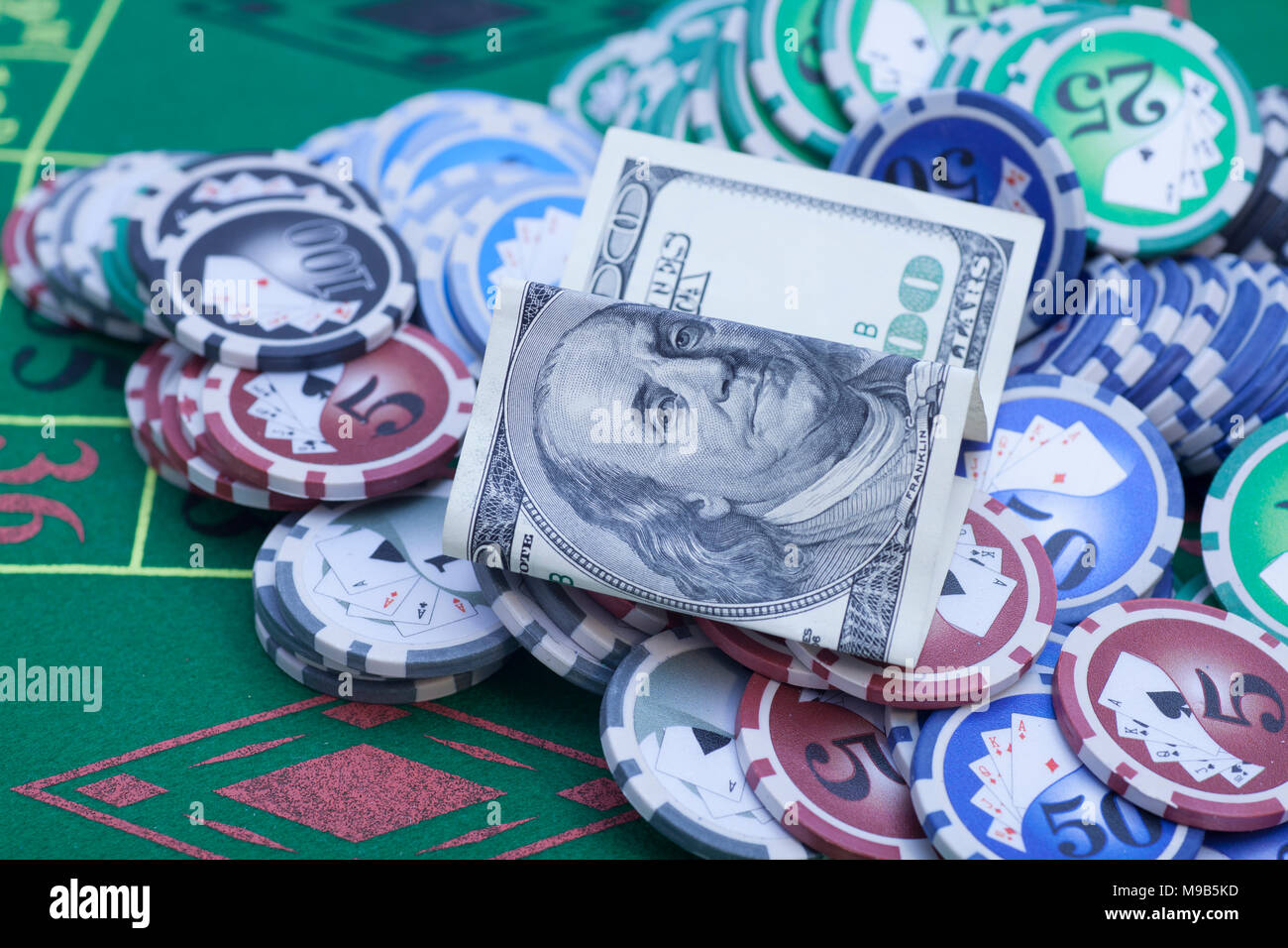 Poker chips,dollar notes,playing cards and dice Stock Photo Alamy