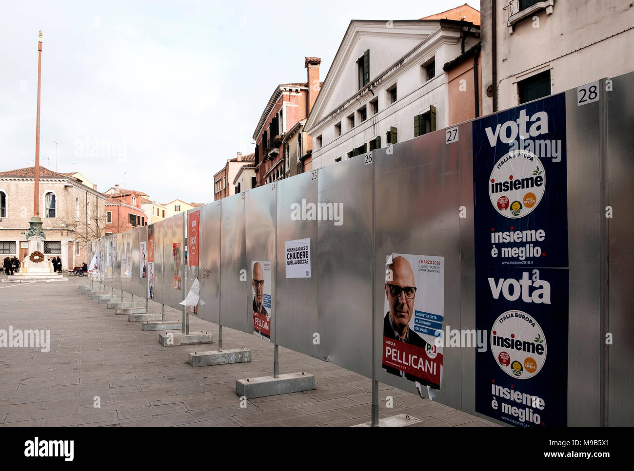 A display stand erected on Campo Santa Margherita, Venice to carry party political for the Italian elections of 2018 but barely used, Stock Photo