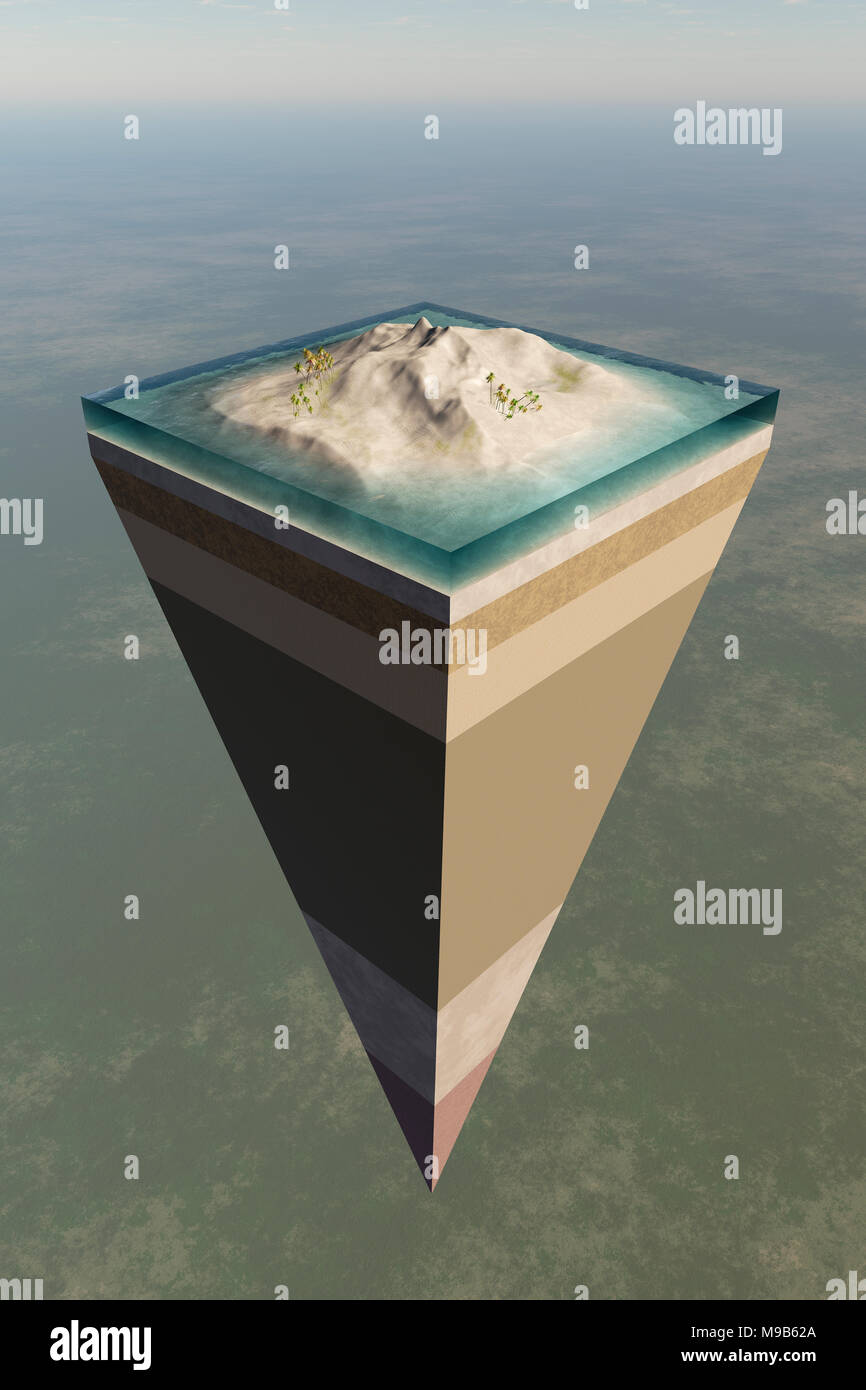 Earth core structure illustrated with a layered cross-section shown high in the sky. 3D rendered artwork Stock Photo