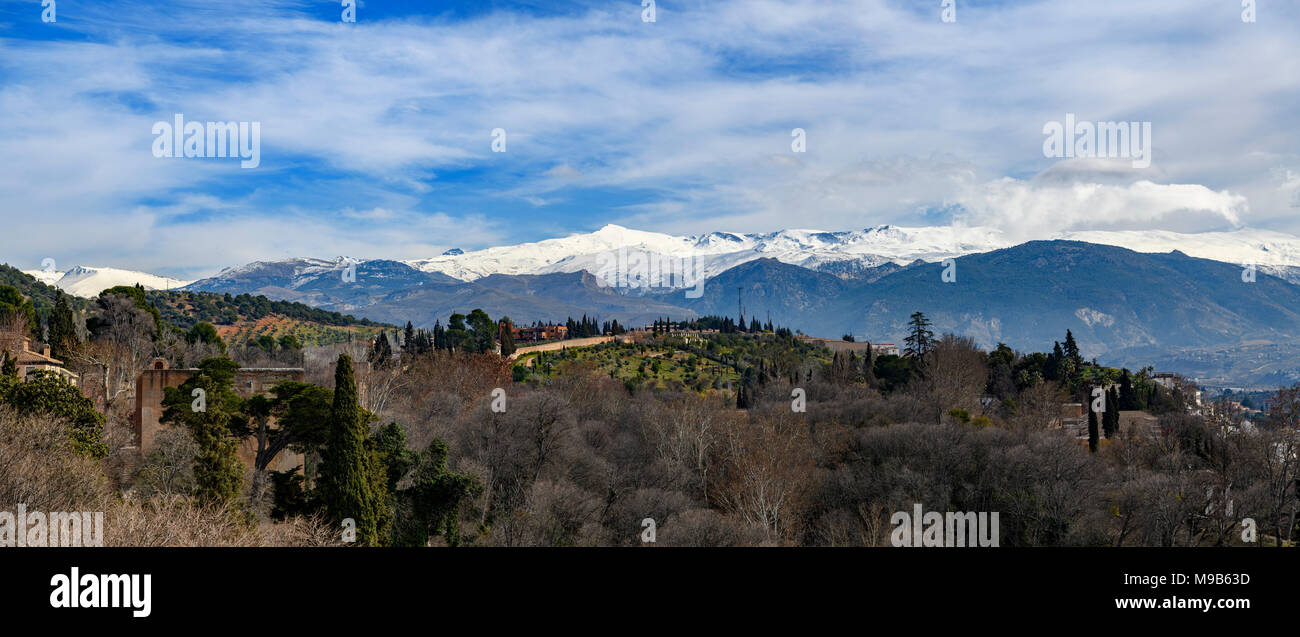 Panoramic view of Sierra Nevada mountains from La Alhambra, Granada, Spain Stock Photo