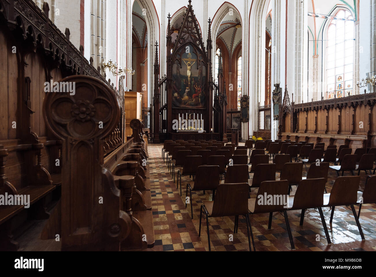 Schwerin, Germany - Sept 17, 2017: View of the altar in the Schwerin Cathedral. The proto-cathedral is now the church of the Bishop of the Evangelical Stock Photo