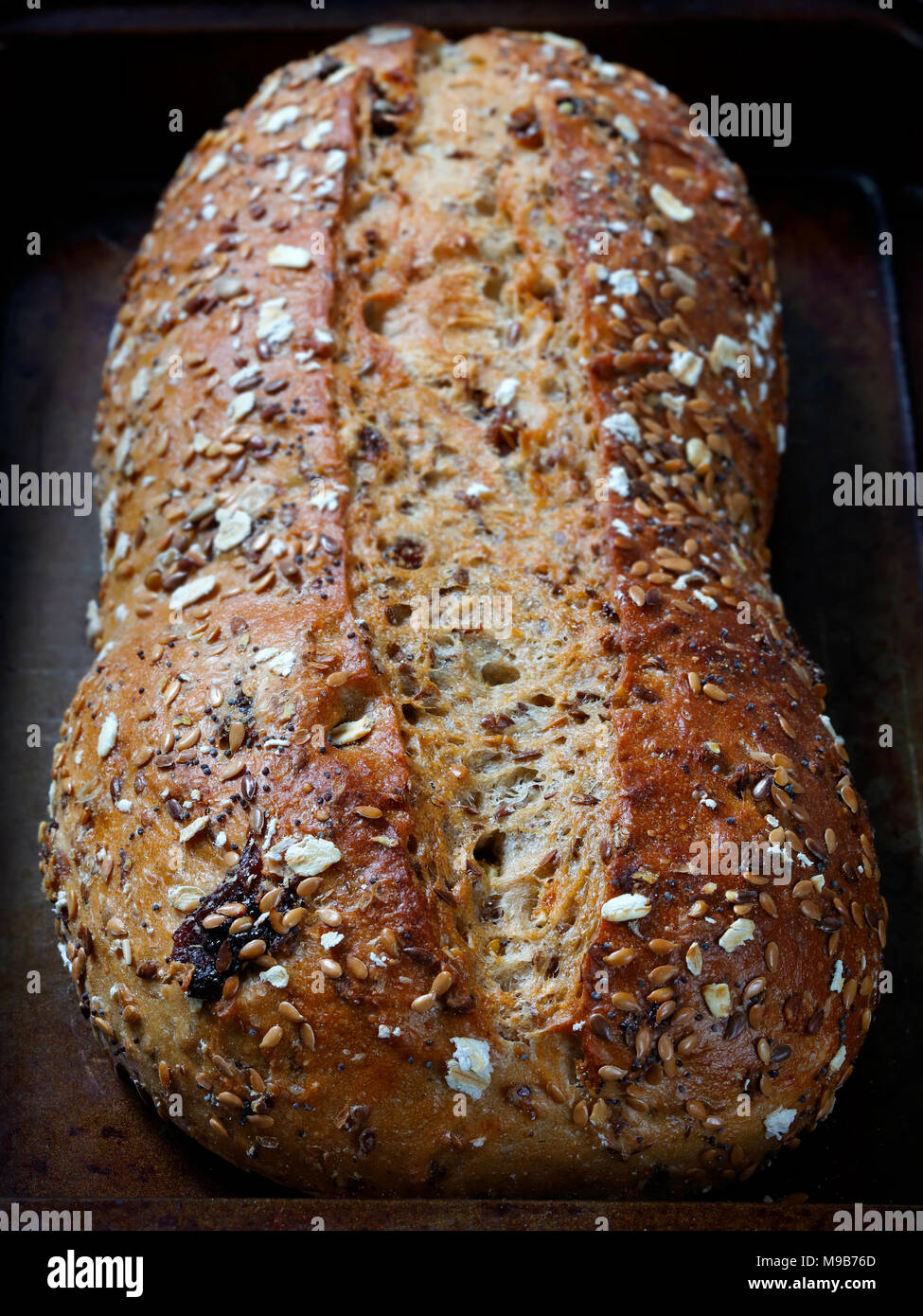 Close up of rustic whole grain bread loaf in baking tray Stock Photo ...