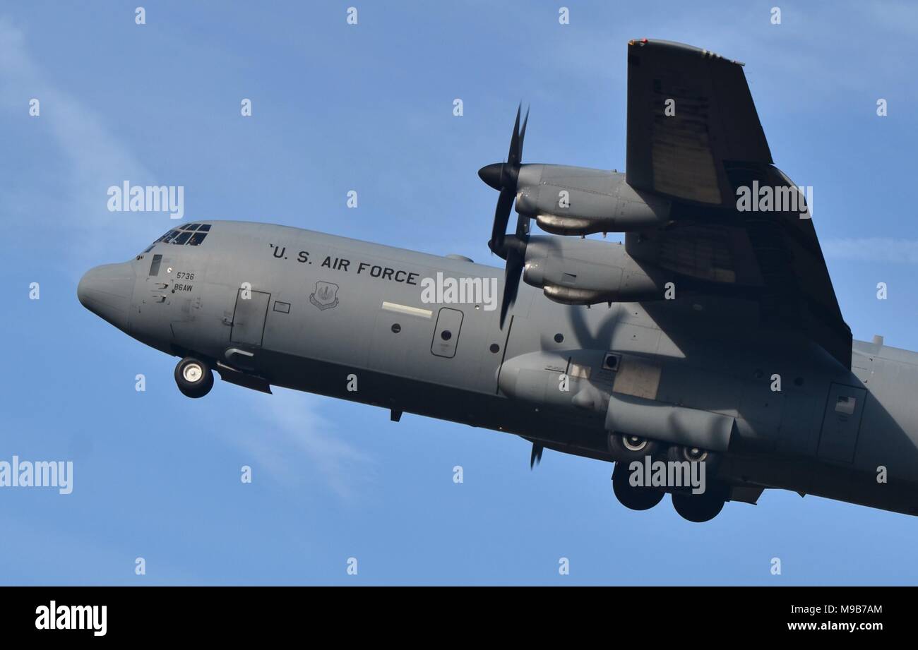 A U.S. Air Force C-130 Hercules cargo plane operated by the 86th Airlift Wing out of Ramstein Air Base, Germany. Stock Photo