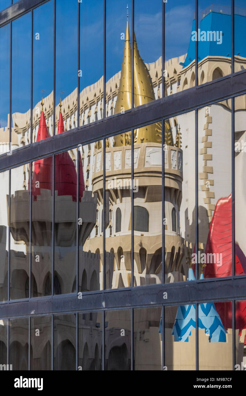 The Excalibur hotel, resort, and casino in Las Vegas, Nevada. Mirror effect in windows of Luxor hotel. Stock Photo
