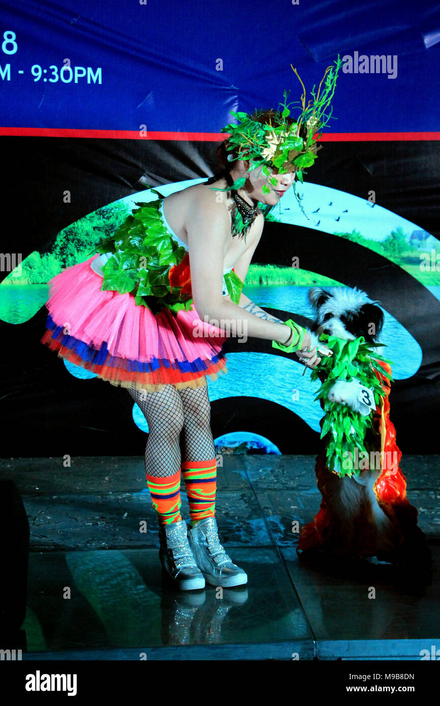 Philippines 24th Mar 2018 Sm Pet Club Members Doo Their Rump With Their Pet S During The Ecorunway Pet Fashion Show That Their Costumes Are Made From Recycle Materials As Part Of The