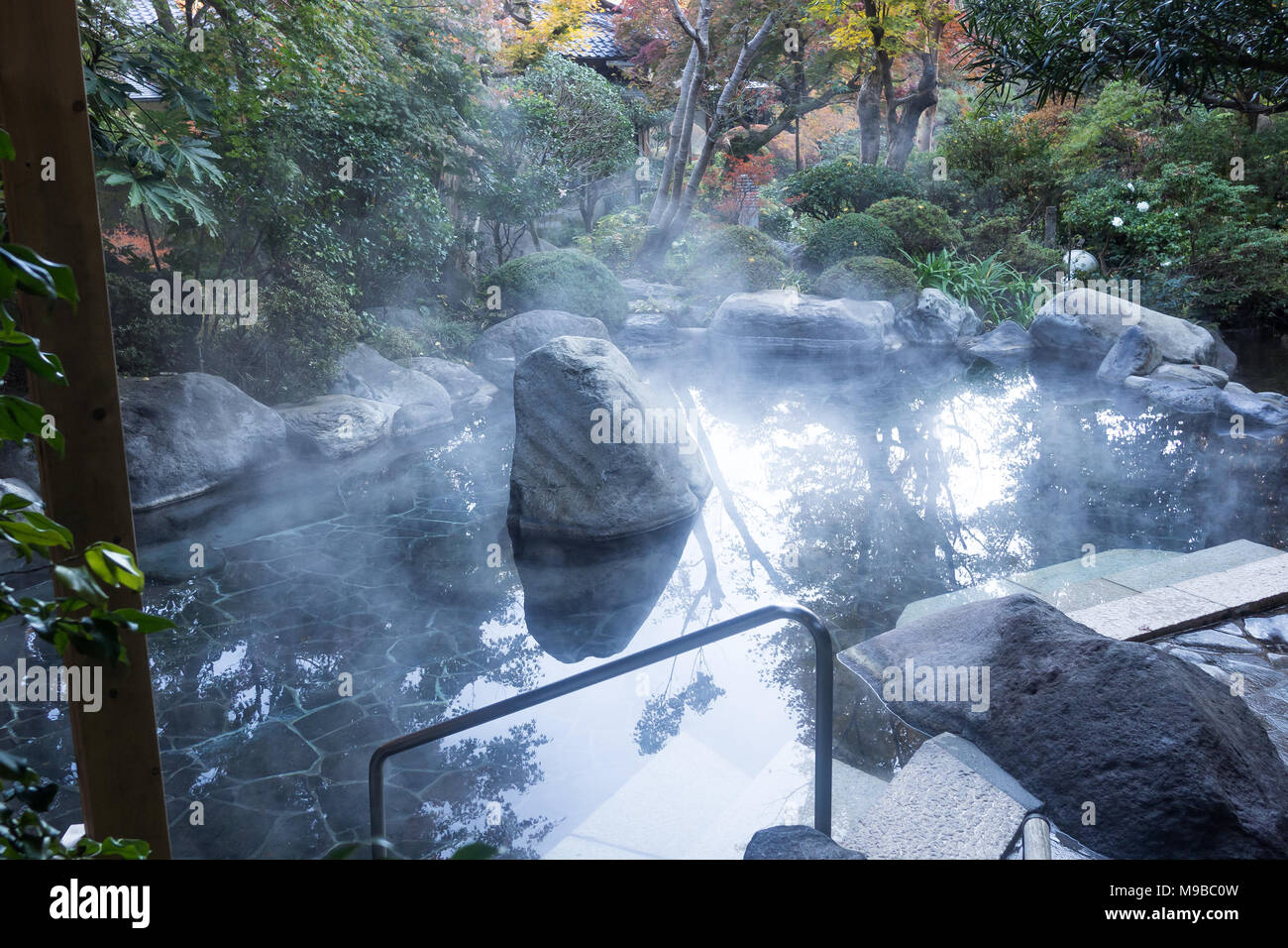 Onsen in Japan with natural hot spring water Stock Photo