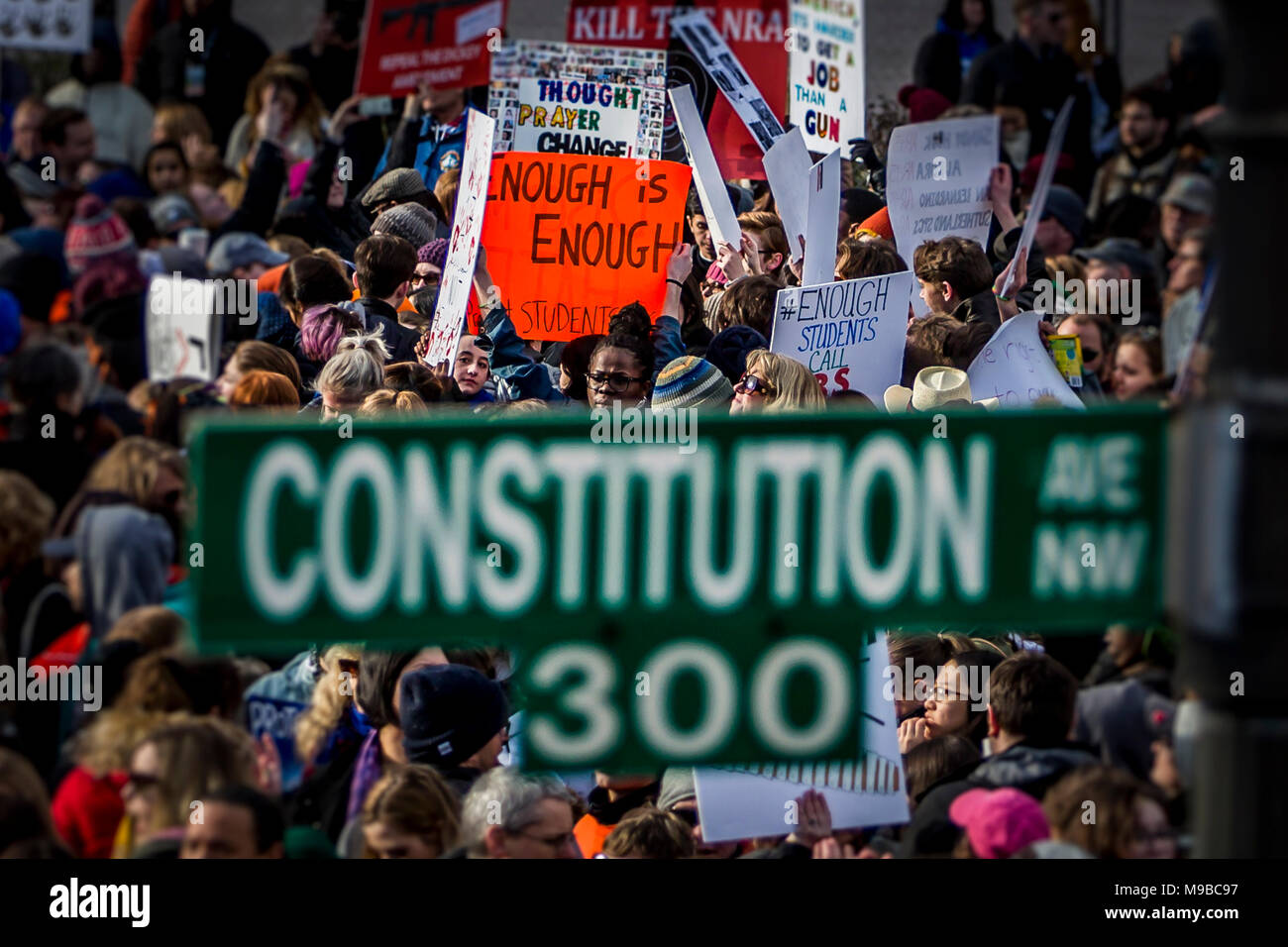 Washington Dc, United States. 24th Mar, 2018. Students from Marjory Stoneman Douglas High School in Florida, the scene of a mass shooting Feb. 14, were joined by over 800 thousand people as they march in a nationwide protest demanding sensible gun control laws. More than 830 protests occurred, in every American state and globally. The march follows a nationwide student walkout earlier this month. Another walkout is planned for April 20, the 19th anniversary of the mass shooting at Columbine High School in Colorado. Credit: Michael Nigro/Pacific Press/Alamy Live News Stock Photo