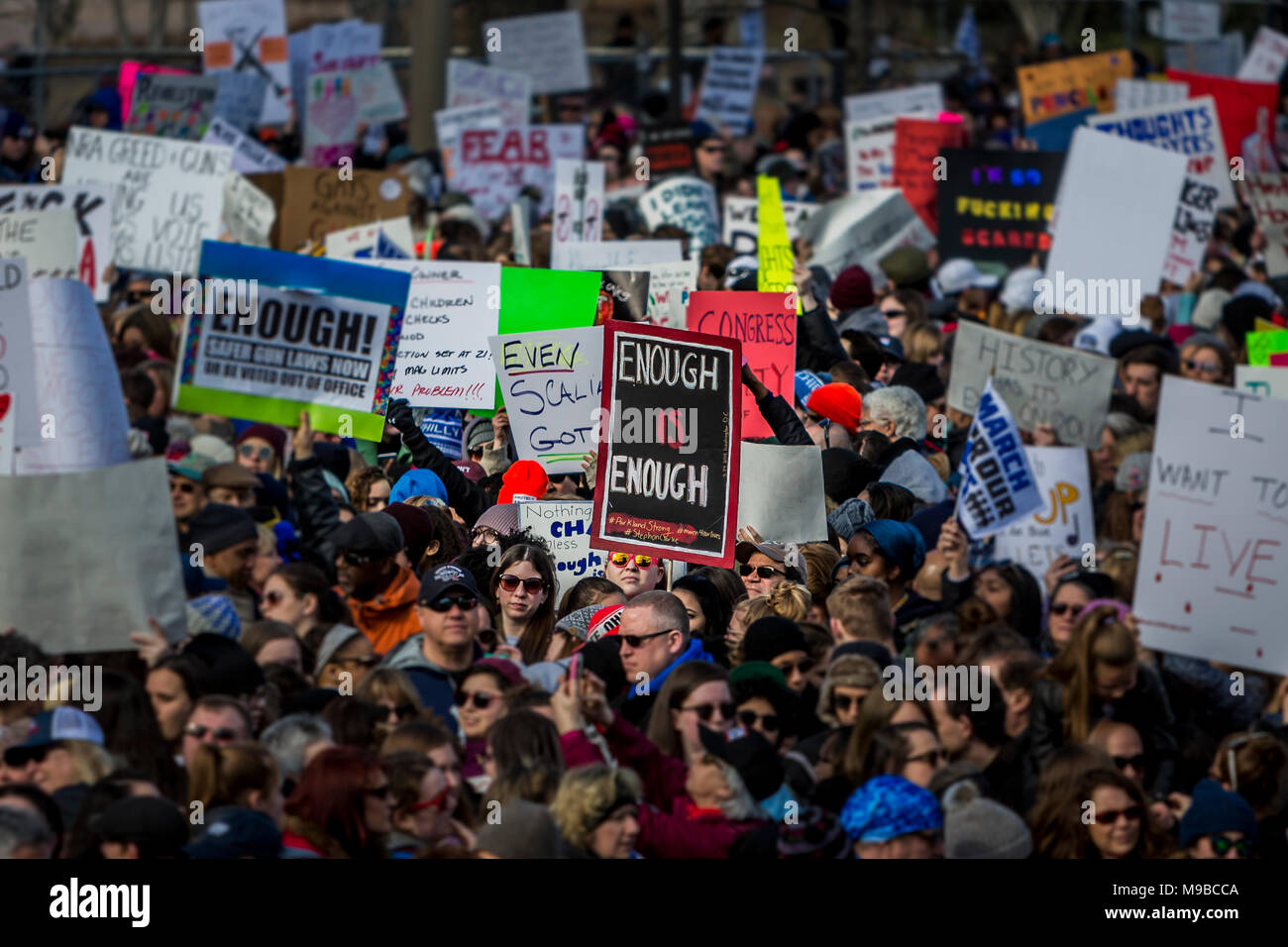 Washington Dc, United States. 24th Mar, 2018. Students from Marjory Stoneman Douglas High School in Florida, the scene of a mass shooting Feb. 14, were joined by over 800 thousand people as they march in a nationwide protest demanding sensible gun control laws. More than 830 protests occurred, in every American state and globally. The march follows a nationwide student walkout earlier this month. Another walkout is planned for April 20, the 19th anniversary of the mass shooting at Columbine High School in Colorado. Credit: Michael Nigro/Pacific Press/Alamy Live News Stock Photo
