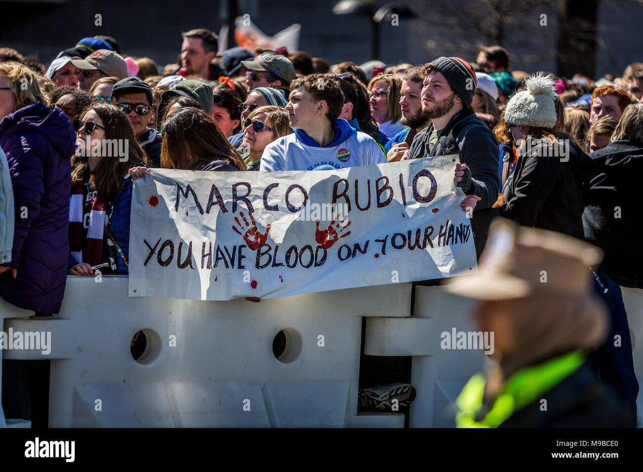 Washington Dc, United States. 24th Mar, 2018. Students from Marjory Stoneman Douglas High School in Florida, the scene of a mass shooting Feb. 14, were joined by over 800 thousand people as they march in a nationwide protest demanding sensible gun control laws. More than 830 protests occurred, in every American state and globally. The march follows a nationwide student walkout earlier this month. Another walkout is planned for April 20, the 19th anniversary of the mass shooting at Columbine High School in Colorado. Credit: Michael Nigro/Pacific Press/Alamy Live News Stock Photo