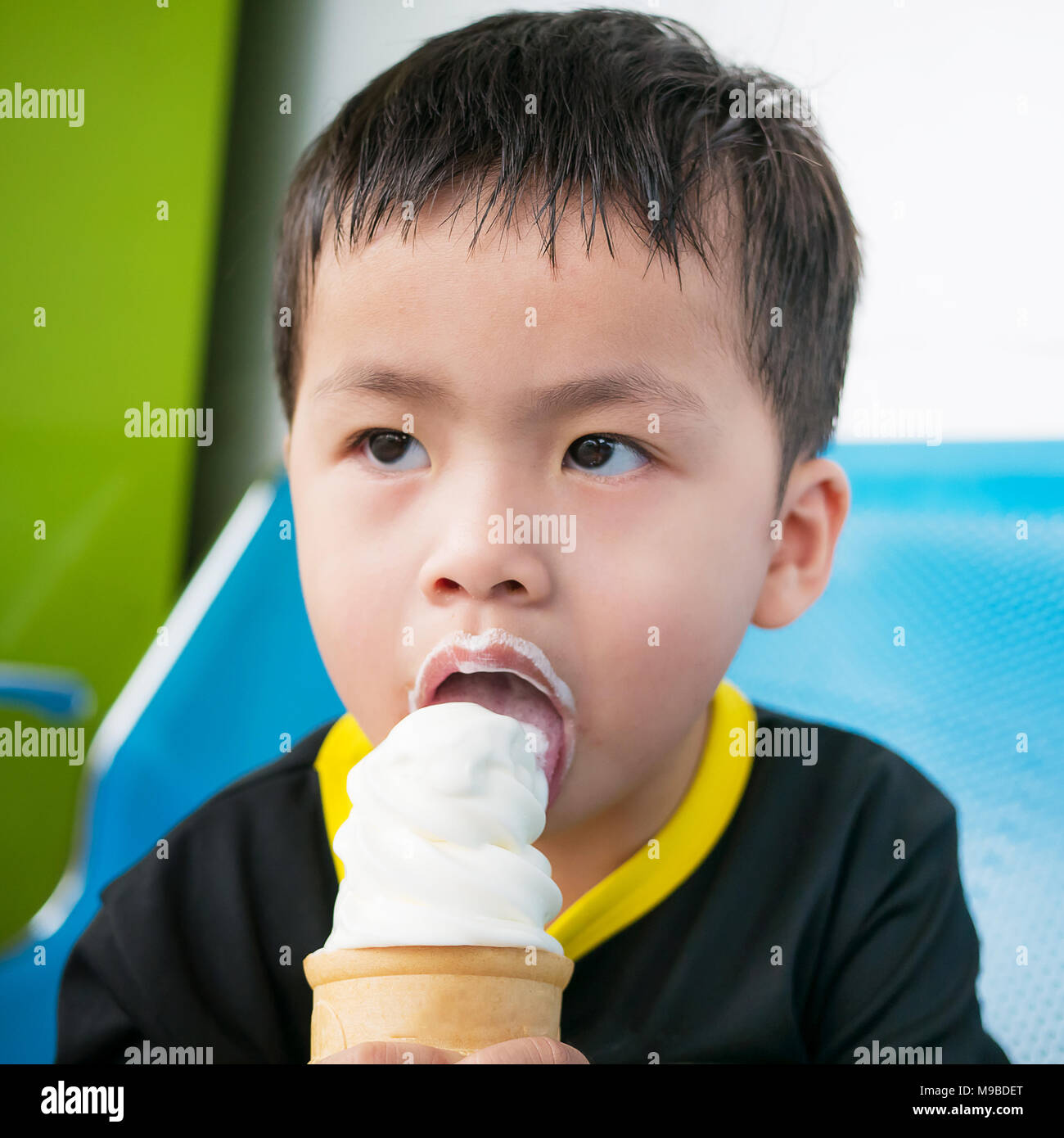 Boy Eating Ice Cream Cone Close Up Stock Photo Alamy