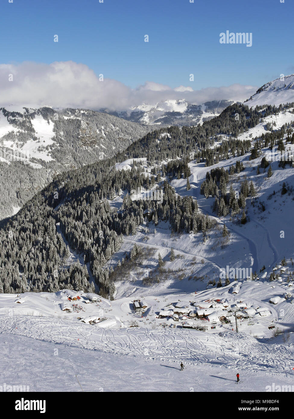 The busy ski resort of Chatel in the Portes du Soleil area of France, restaurants at Pre La Joux Stock Photo