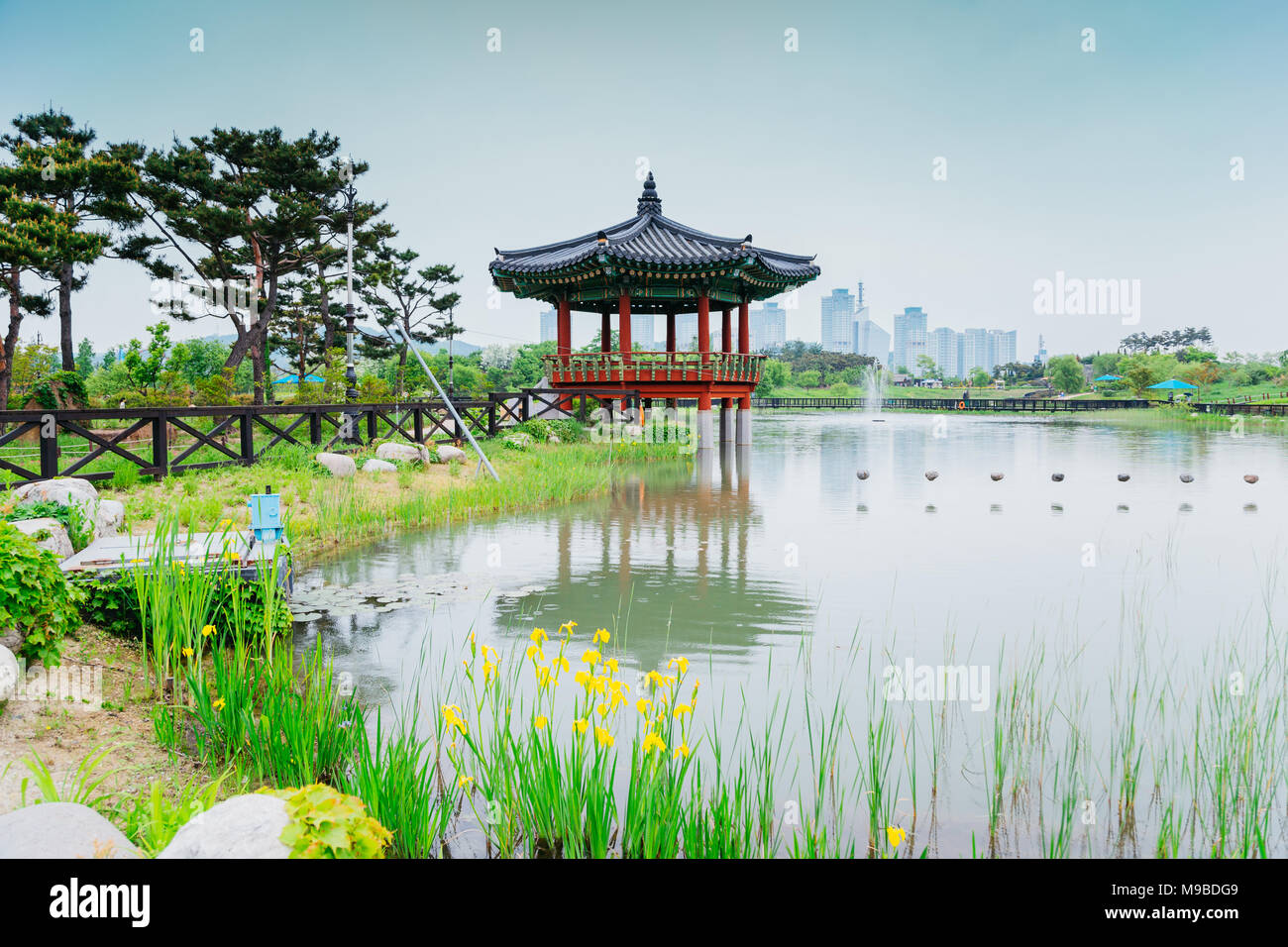 The pond and Korean traditional pavilion at Hanbat Arboretum in Daejeon, Korea Stock Photo