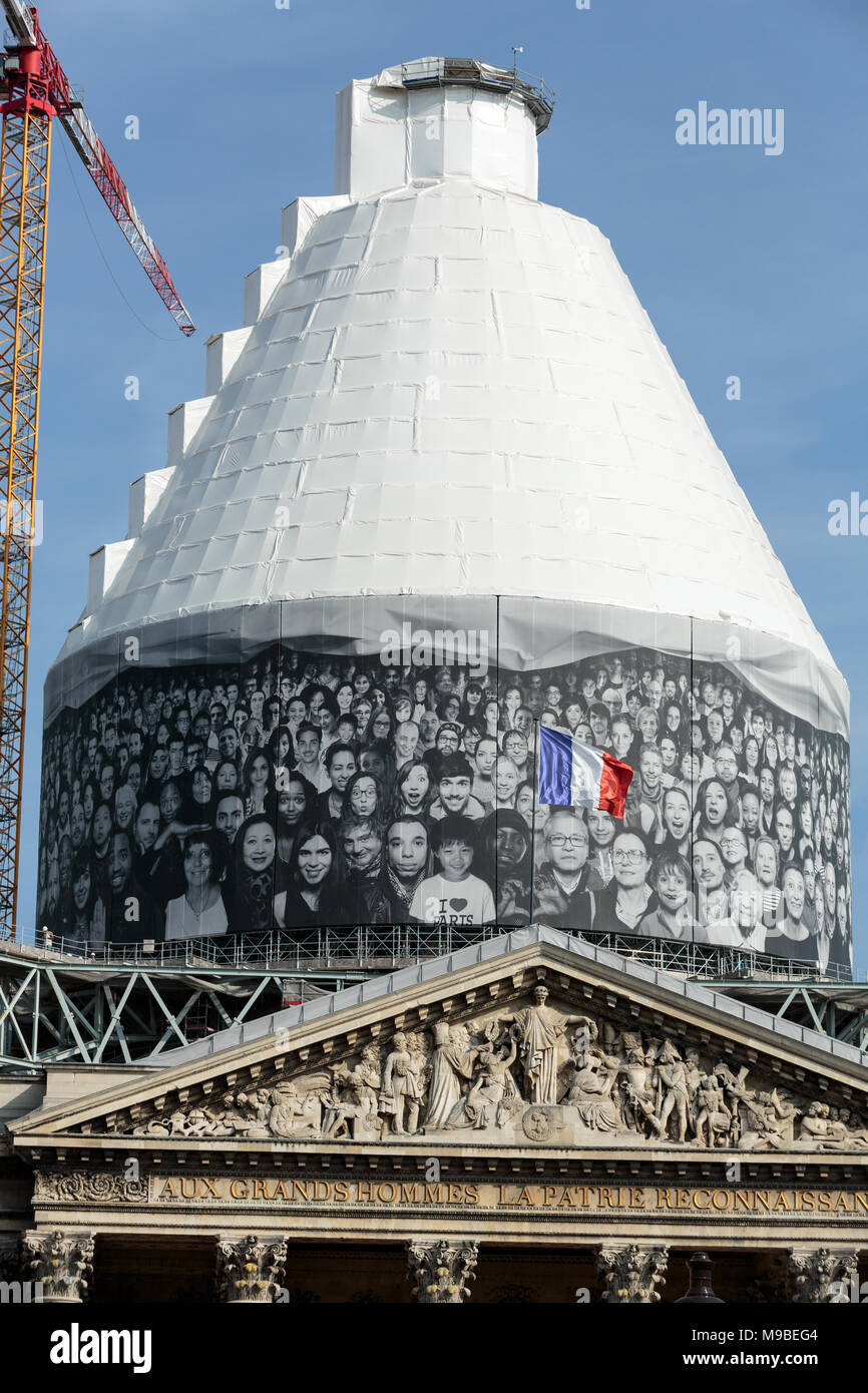 Paris - The pediment of Pantheon against the background of repaired dome.  Construction of the building started in 1757 and was finished in 1791 Stock Photo