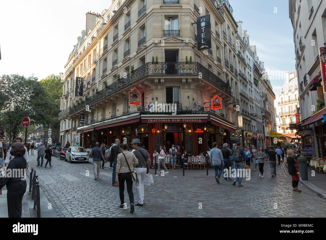 Latin Quarter of Paris, France. Narrow street of Paris among old traditional parisian houses and