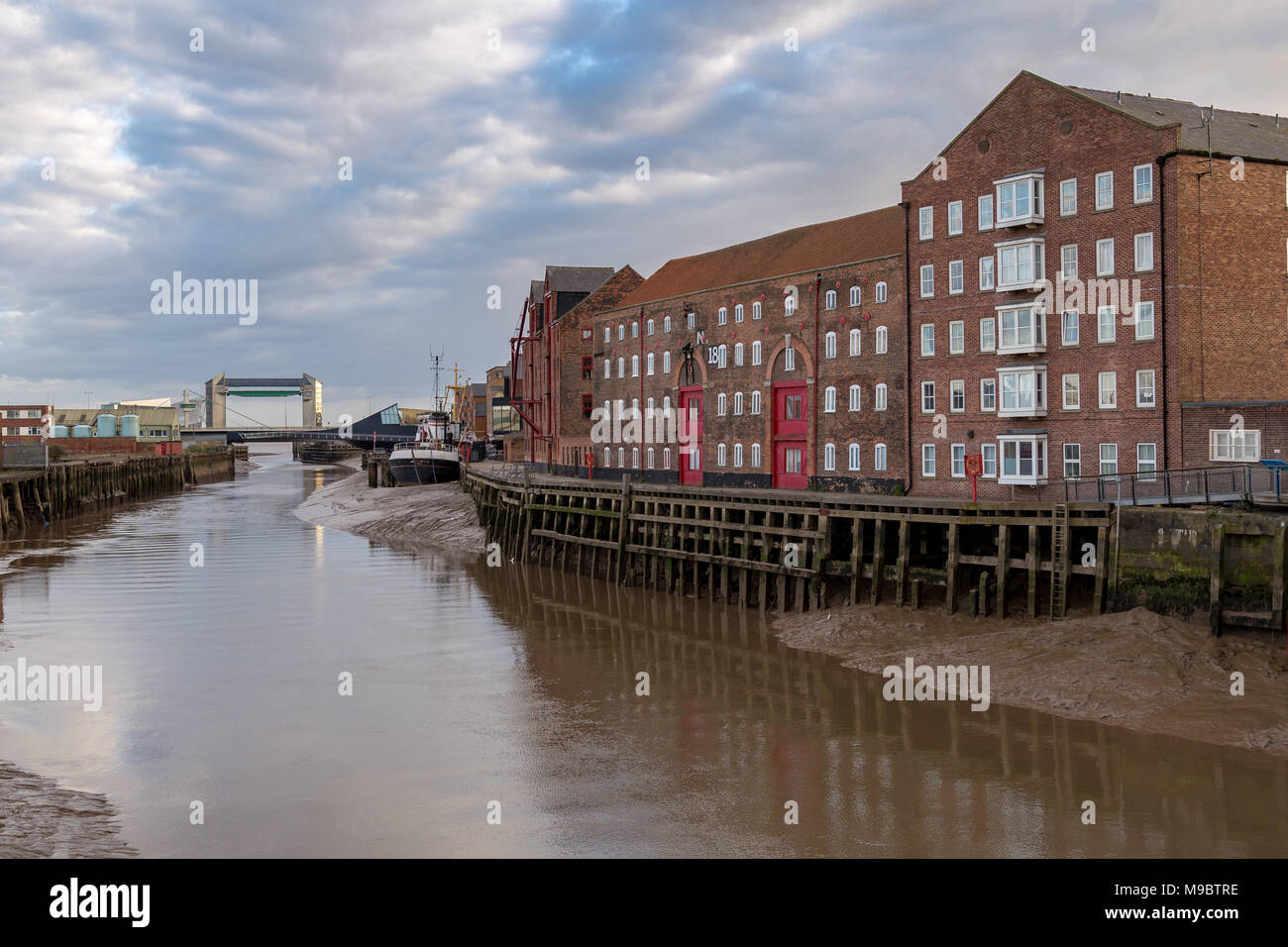 Kingston upon Hull, England, UK - May 02, 2016: View from Clarence St over the River Hull with the Swing Bridge, Myton Bridge Stock Photo
