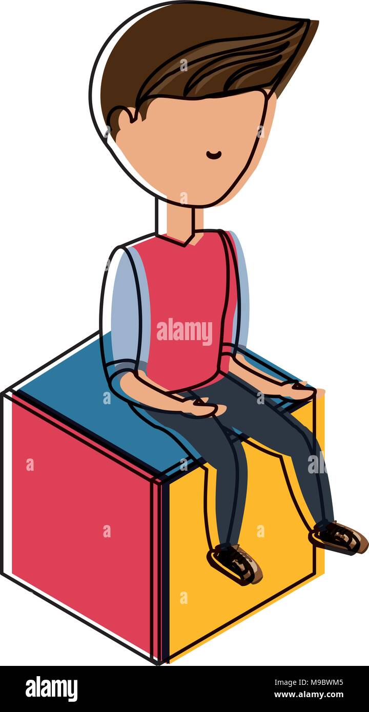 avatar young man sitting on a cube seat over white background, colorful ...