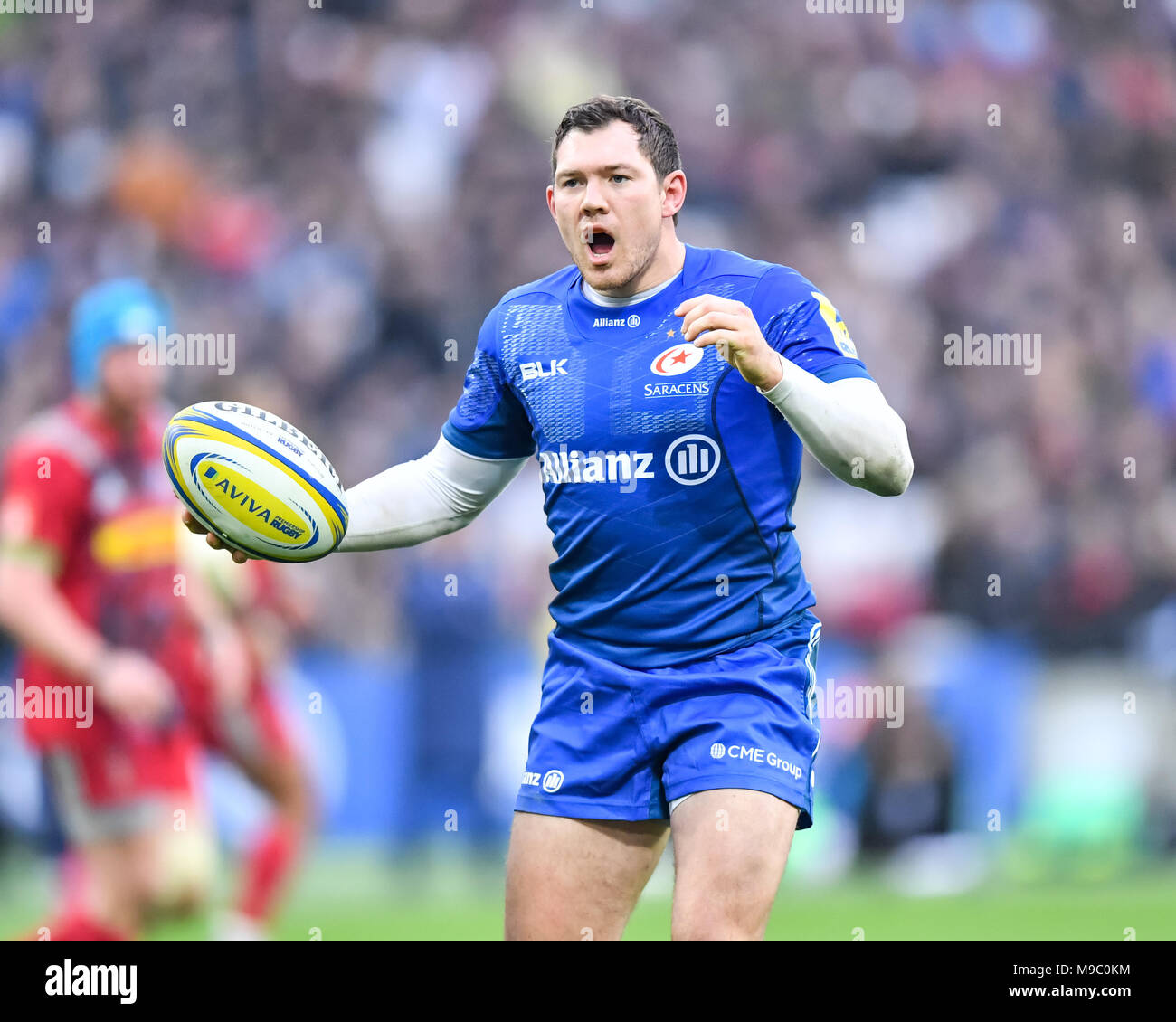 London, UK. 24th March, 2018. Alex Goode of Saracens  wasn't happy with Referee: Tom Foley decision during Aviva Premiership match between Saracens and Harlequins at London Stadium on Saturday, 24 March 2018. LONDON ENGLAND. Credit: Taka G Wu Credit: Taka Wu/Alamy Live News Stock Photo