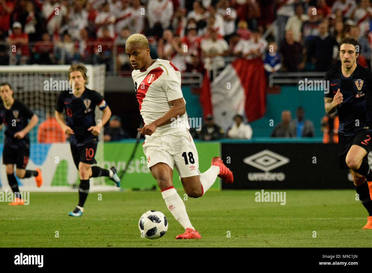 Miami, Florida, USA. 23rd Mar, 2018. André Carrillo, author of the first goal for the team of Peru against Croatia in the friendly game played in the city of Miami.The Croatian national football team played a friendly match against Peru on 23rd March 2018. Credit: Fernando Oduber/SOPA Images/ZUMA Wire/Alamy Live News Stock Photo