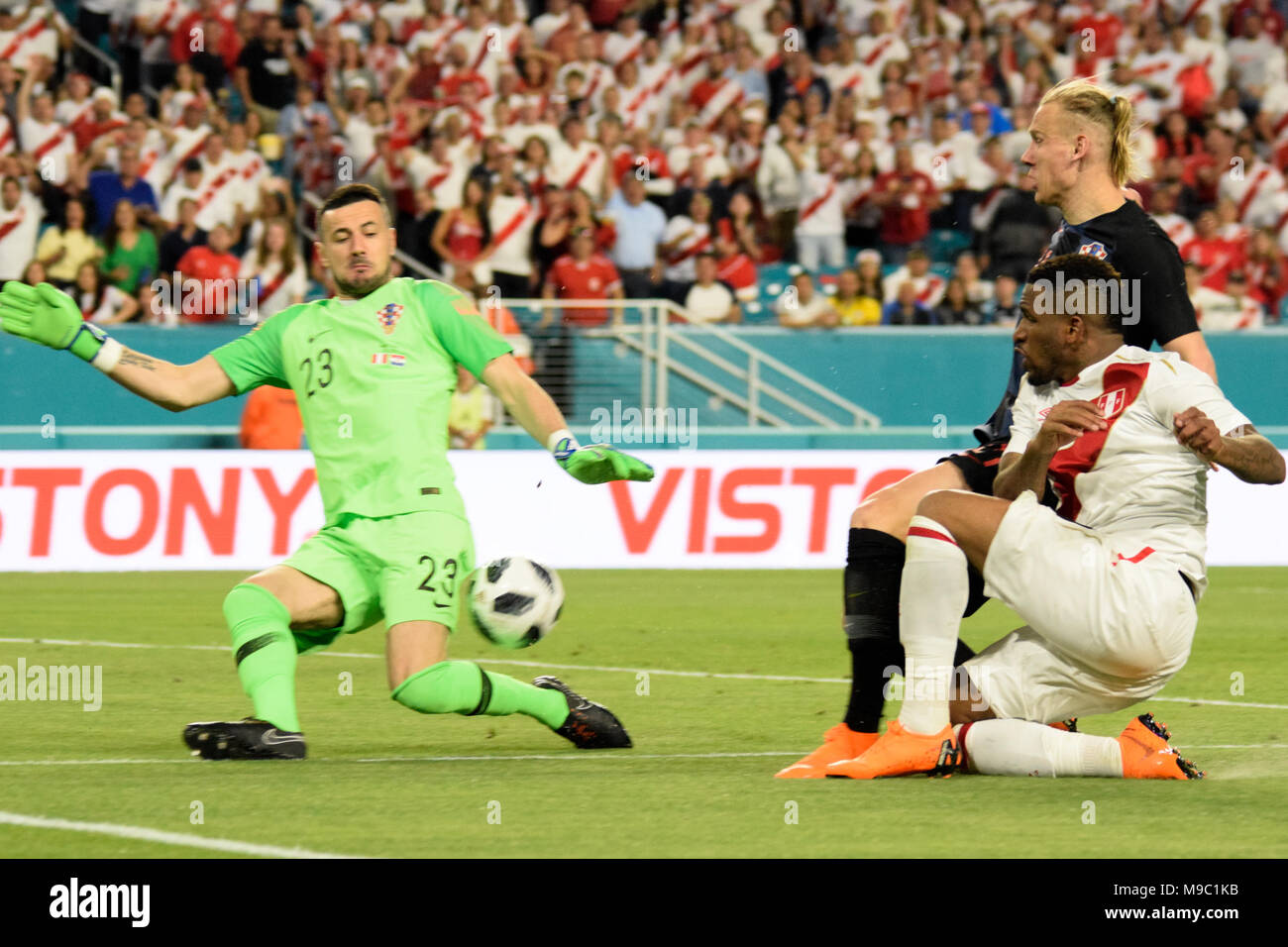 Miami, Florida, USA. 23rd Mar, 2018. Edison Flores with a counterattack on the Croatian team taking advantage of his speed sentenced Croatia in the beginning of the second half, scoring the second goal for the selection of Peru.The Croatian national football team played a friendly match against Peru on 23rd March 2018. Credit: Fernando Oduber/SOPA Images/ZUMA Wire/Alamy Live News Stock Photo