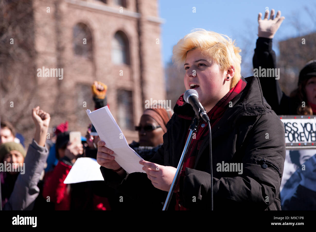 Toronto, Ontario, Canada. 24th March, 2018. Henry, a survivor of the shooting at Marjory Stoneman Douglas High School in Florida, where 17 students were killed,  speaks to those attending an anti-violence rally in Toronto, Ontario, Canada on March 24, 2018. The protest was part of the March For Our Lives moment taking place in cities across North America. Credit: Mark Spowart/Alamy Live News Stock Photo