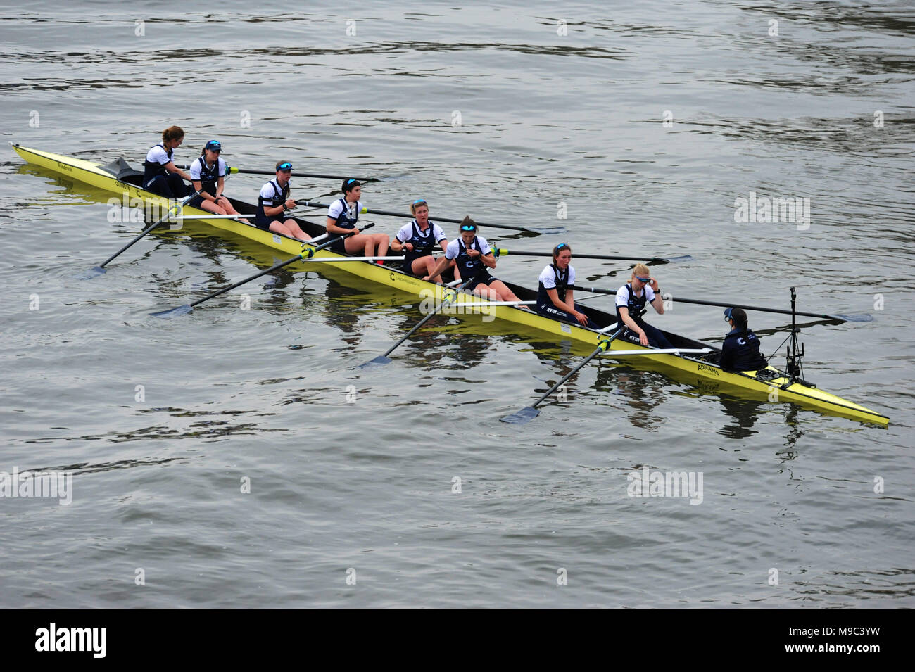 London, UK, 24 Mar 2018. The Oxford crew looking exhausted and despondent after being beaten to the line by the Cambridge boat.  L to R: Bow - Renée Koolschijn (NED, Keble), Katherine Erickson (USA, Wolfson), Juliette Perry (GBR, Somerville), Alice Roberts (GBR, St Edmund Hall), Morgan McGovern (USA, St Catherine’s College), Sara Kushma (USA/GBR, Christ Church), Abigail Killen (GBR, St Cross), Stroke - Beth Bridgman (GBR, St Hugh’s College), Cox - Jessica Buck (AUS, Green Templeton).  The Boat Race is an annual rowing race between Oxford and Cambridge universities and takes place each year on  Stock Photo