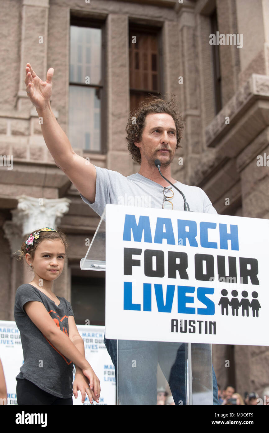 Actor Matthew McConaughey, with daughter Vida, speaks to the nearly 10,000 marchers who converged at the Texas State Capitol at March For Our Lives protesting gun violence in the wake of school mass shootings including Parkland, FL in February 2018. Stock Photo