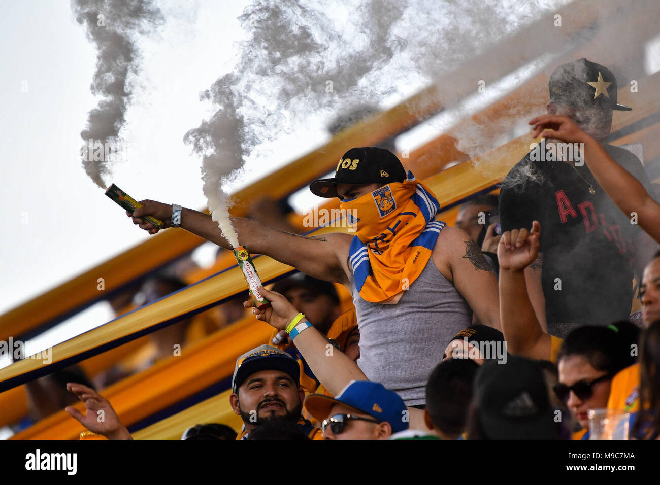 Houston, Texas, USA. 24th Mar, 2018. UANL Tigres fans release smoke