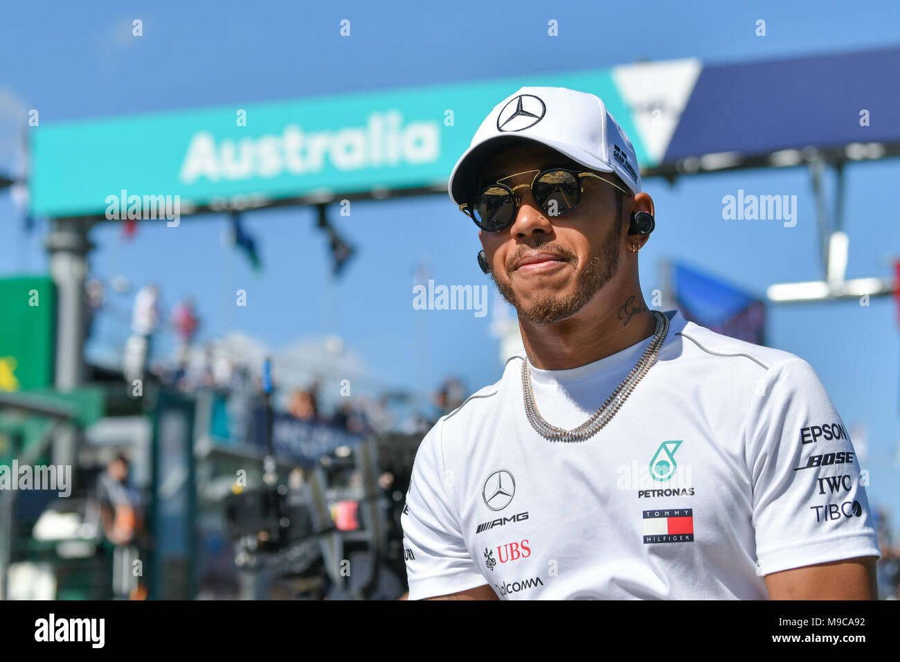 Albert Park, Melbourne, Australia. 25th Mar, 2018. Lewis Hamilton (GBR) #44 from the Mercedes AMG Petronas Motorsport team waves to the crowd during the drivers' parade at the 2018 Australian Formula One Grand Prix at Albert Park, Melbourne, Australia. Sydney Low/Cal Sport Media/Alamy Live News Stock Photo