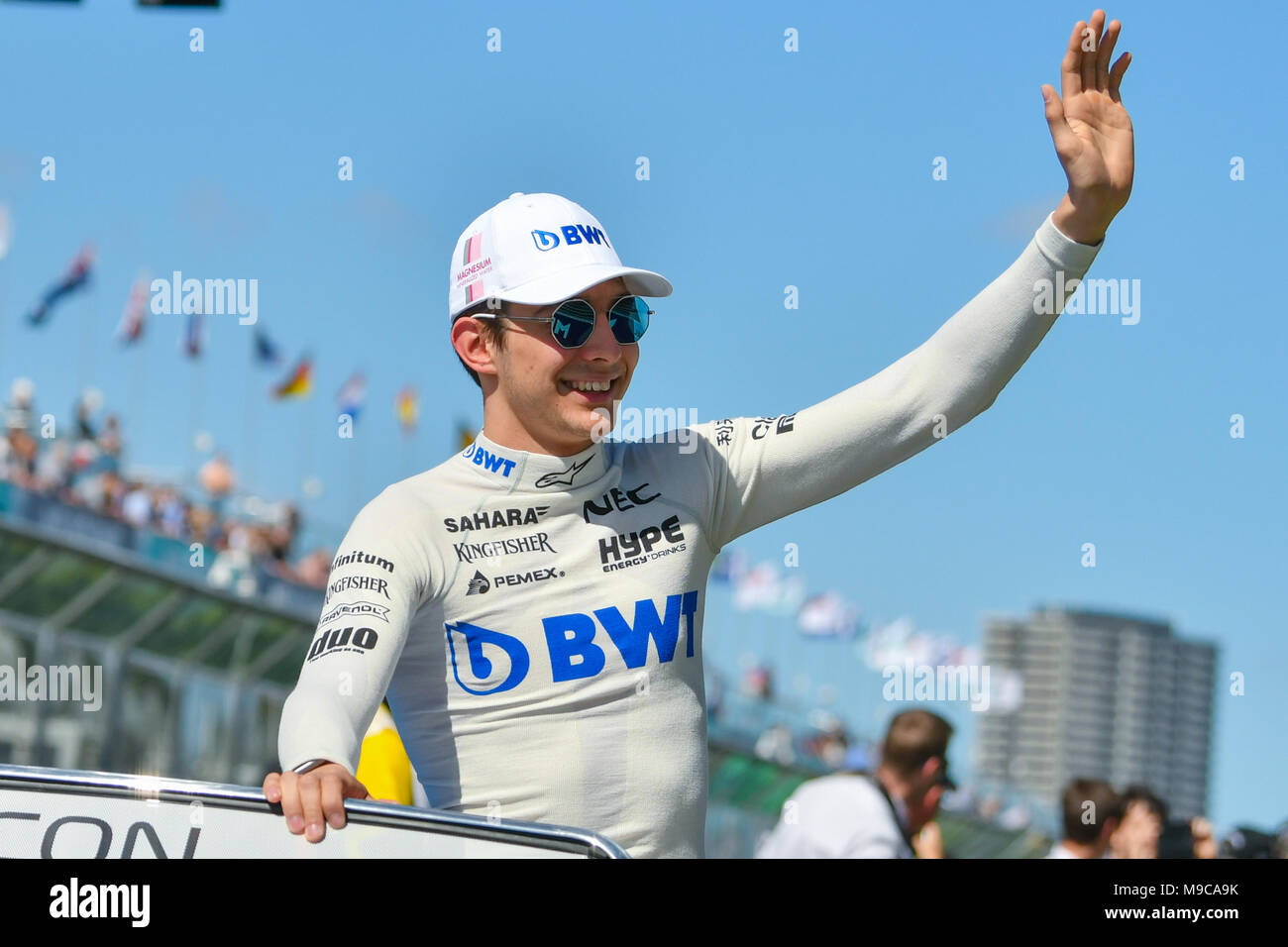 Albert Park, Melbourne, Australia. 25th Mar, 2018. Esteban Ocon (FRA) #31 from the Sahara Force India F1 team waves to the crowd during the drivers' parade at the 2018 Australian Formula One Grand Prix at Albert Park, Melbourne, Australia. Sydney Low/Cal Sport Media/Alamy Live News Stock Photo