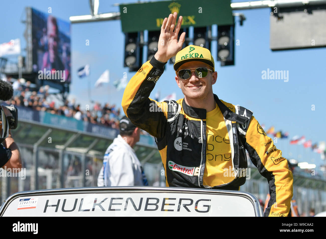 Albert Park, Melbourne, Australia. 25th Mar, 2018. Nico Hulkenberg (DEU) #27 from the Renault Sport F1 team waves to the crowd during the drivers' parade at the 2018 Australian Formula One Grand Prix at Albert Park, Melbourne, Australia. Sydney Low/Cal Sport Media/Alamy Live News Stock Photo