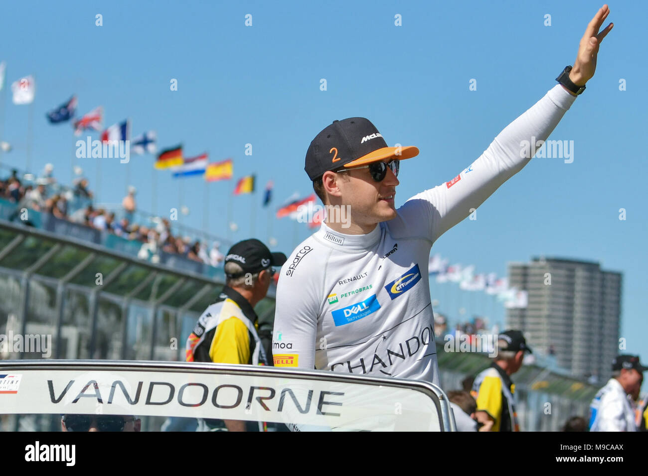 Albert Park, Melbourne, Australia. 25th Mar, 2018. Stoffell Vandoorne (BEL) #2 from the McLaren F1 team waves to the crowd during the drivers' parade at the 2018 Australian Formula One Grand Prix at Albert Park, Melbourne, Australia. Sydney Low/Cal Sport Media/Alamy Live News Stock Photo