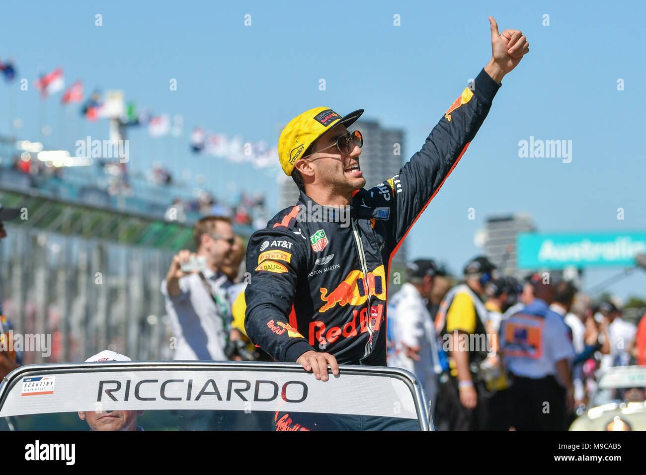 Albert Park, Melbourne, Australia. 25th Mar, 2018. Daniel Ricciardo (AUS) #3 from the Aston Martin Red Bull Racing team waves to the crowd during the drivers' parade at the 2018 Australian Formula One Grand Prix at Albert Park, Melbourne, Australia. Sydney Low/Cal Sport Media/Alamy Live News Stock Photo