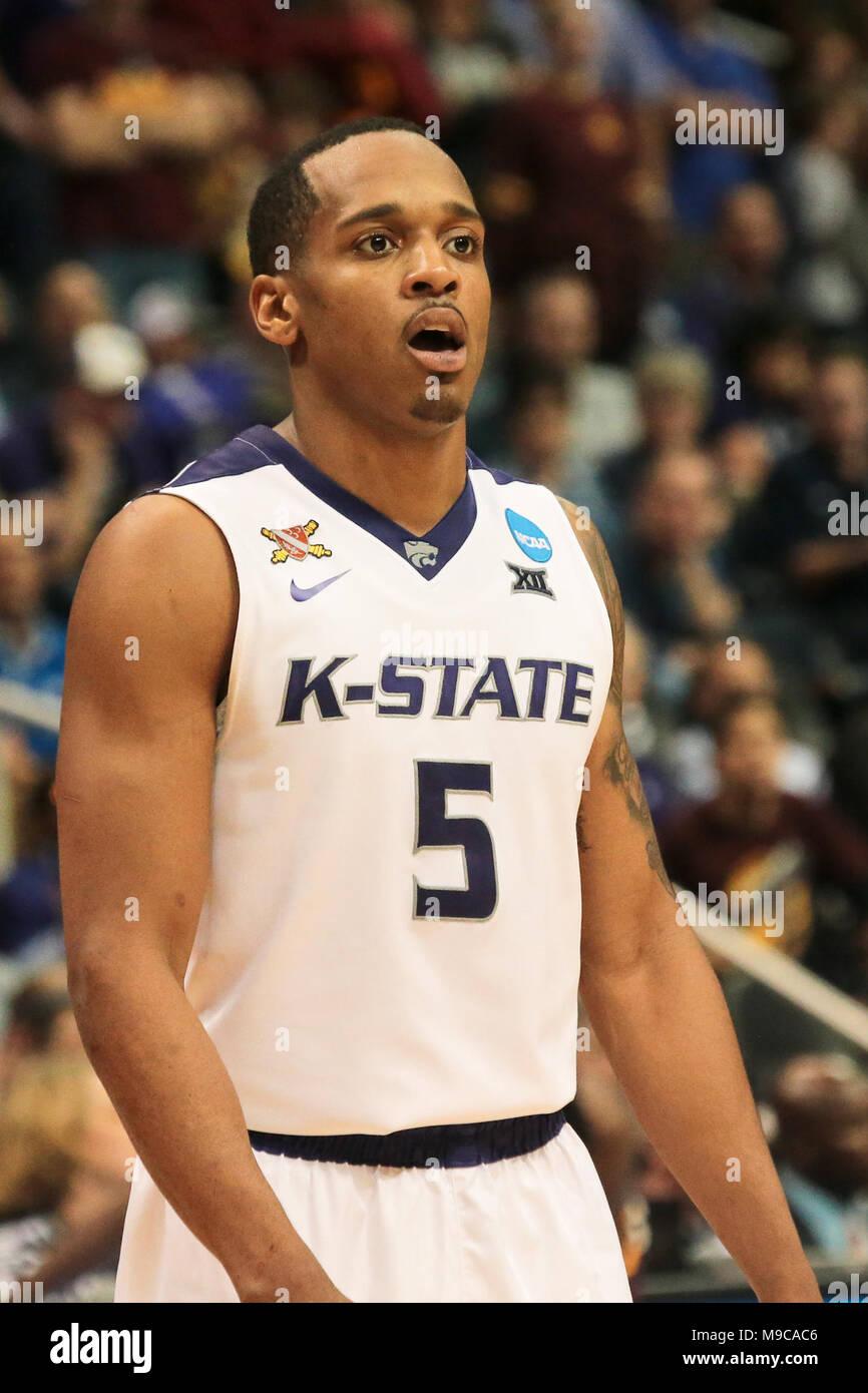 ATLANTA - MAR 24: Kansas State Wildcats guard Barry Brown Jr. (5) on the court against the Loyola-Chicago Ramblers during the Elite 8 game at Philips Arena on March 24, 2018 in Atlanta, Georgia. Loyola-Chicago won 78-62 to advance to the Final Four. Stock Photo