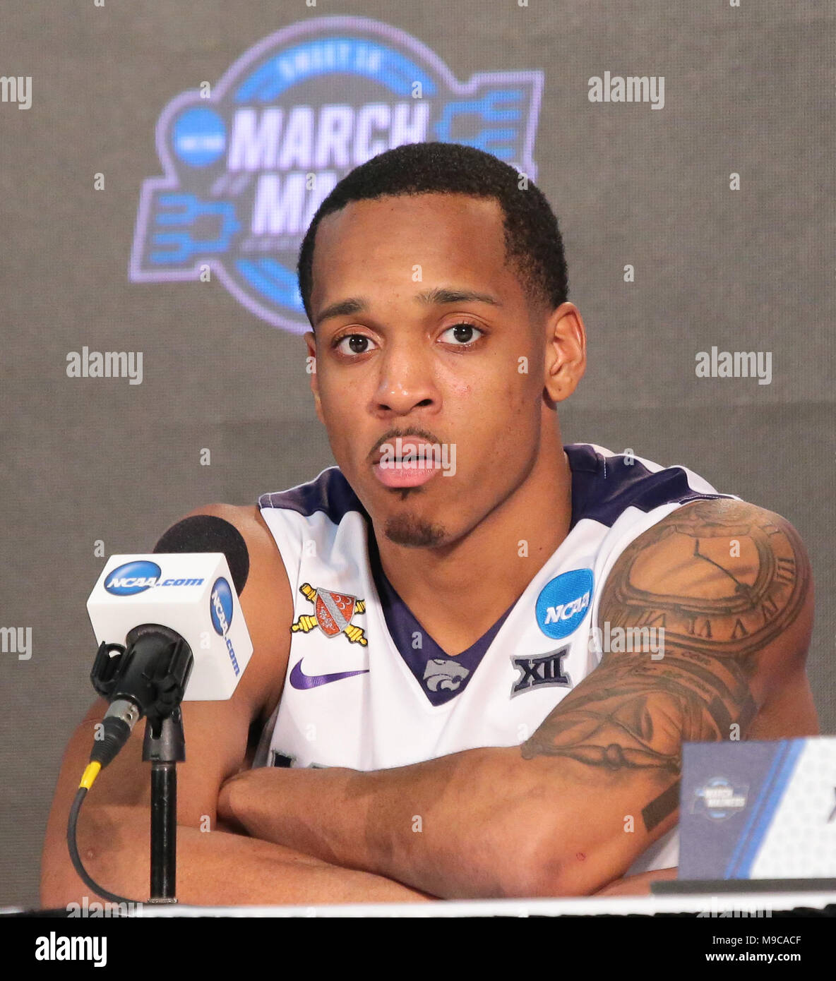 ATLANTA - MAR 24: Kansas State Wildcats guard Barry Brown Jr (5) speaks to the media after the Elite 8 game against the Loyola-Chicago Ramblers at Philips Arena on March 24, 2018 in Atlanta, Georgia. Loyola-Chicago won 78-62 to advance to the Final Four. Stock Photo