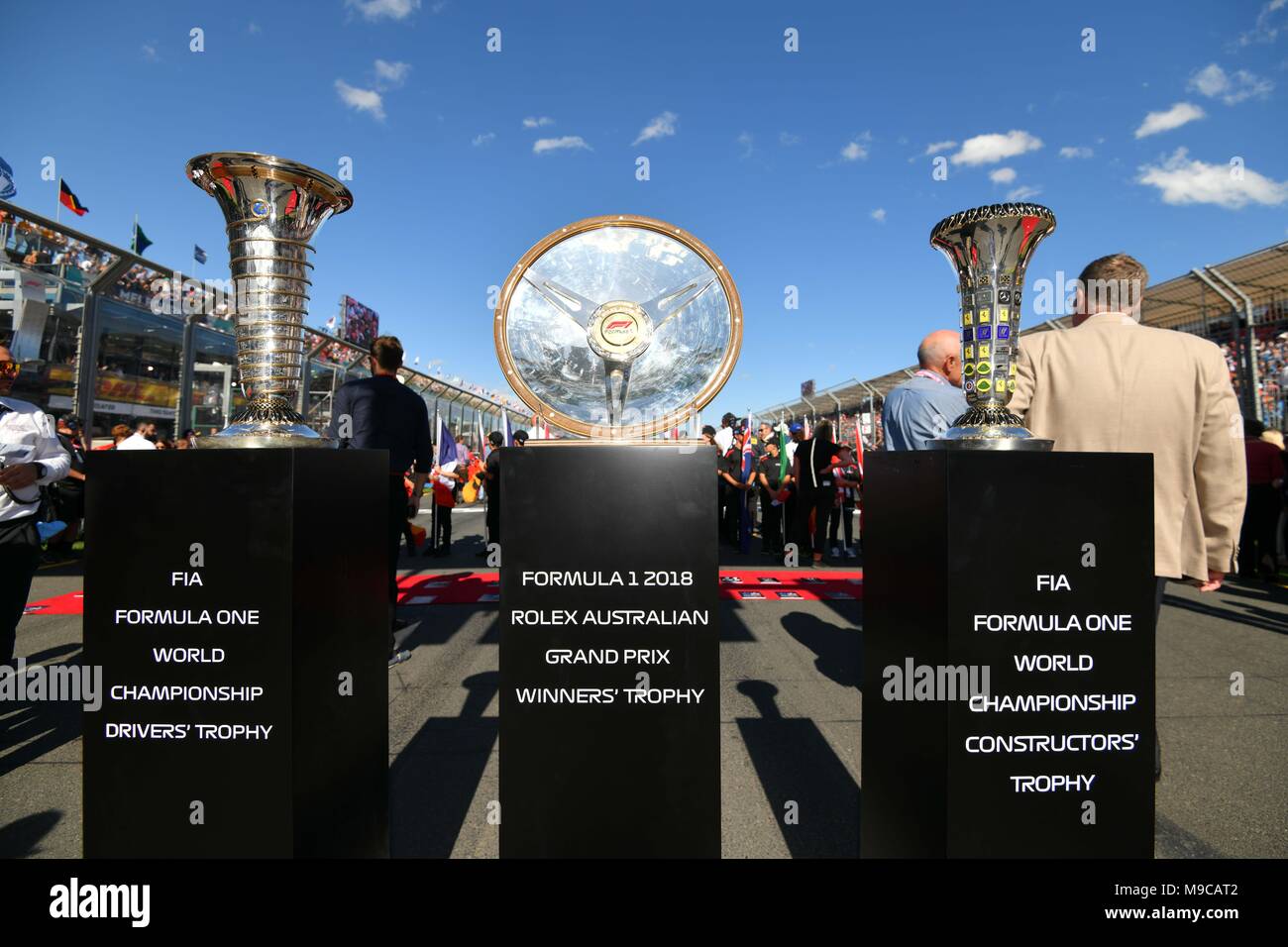 Albert Park, Melbourne, Australia. 25th Mar, 2018. The race trophies are displayed on the grid prior to the start of the 2018 Australian Formula One Grand Prix at Albert Park, Melbourne, Australia. Sydney Low/Cal Sport Media/Alamy Live News Stock Photo