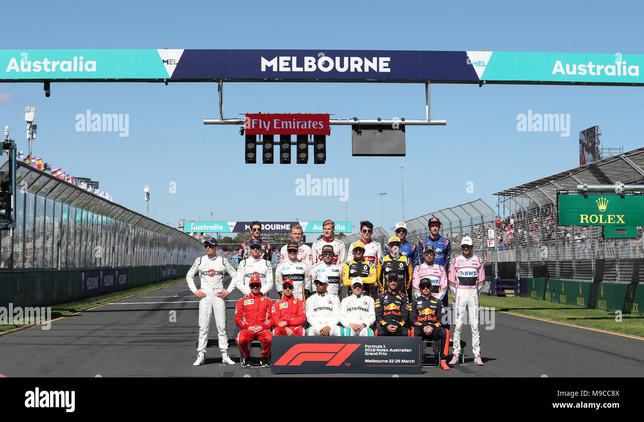 Melbourne, Australia. 25th Mar, 2018. Drivers pose for a photograph on the track ahead of the first race of season 2018 at the Australian Formula One Grand Prix in Melbourne, March 25, 2018. Credit: Bai Xuefei/Xinhua/Alamy Live News Stock Photo